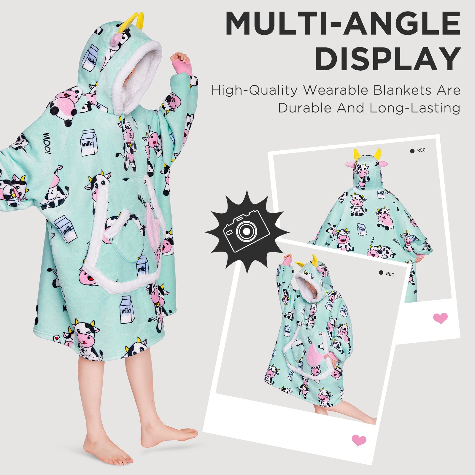 OLAOLA Blue Cow Wearable Blanket Kawaii Cattle Hoodie Animals Onesie Oversized Soft Homwear With Giant Pocket For Adult