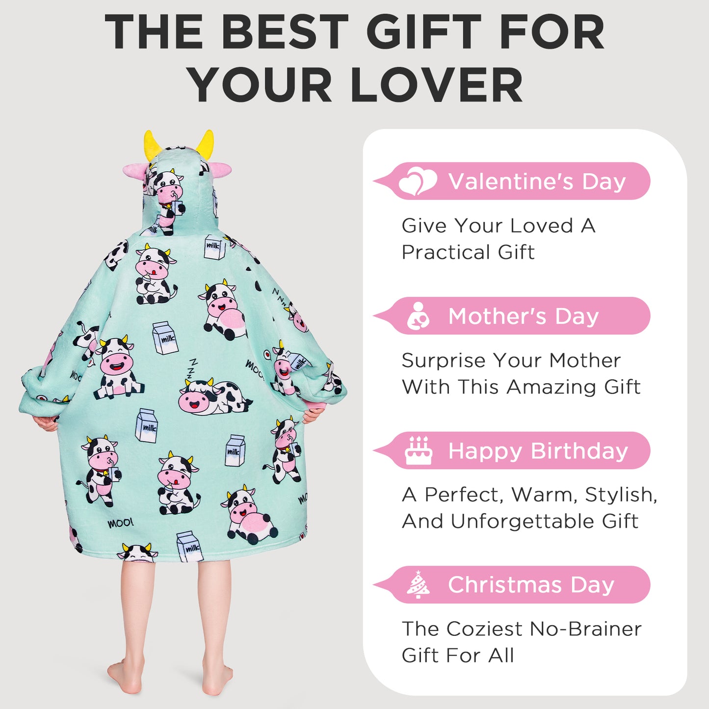OLAOLA Blue Cow Wearable Blanket Kawaii Cattle Hoodie Animals Onesie Oversized Soft Homwear With Giant Pocket For Adult