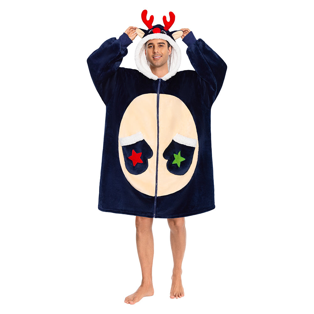 OLAOLA Blue Reindeer Christmas Deer Fluffy Wearable Blanket Hoodie With Zipper Oversized Fleece Sherpa Sleepwear
