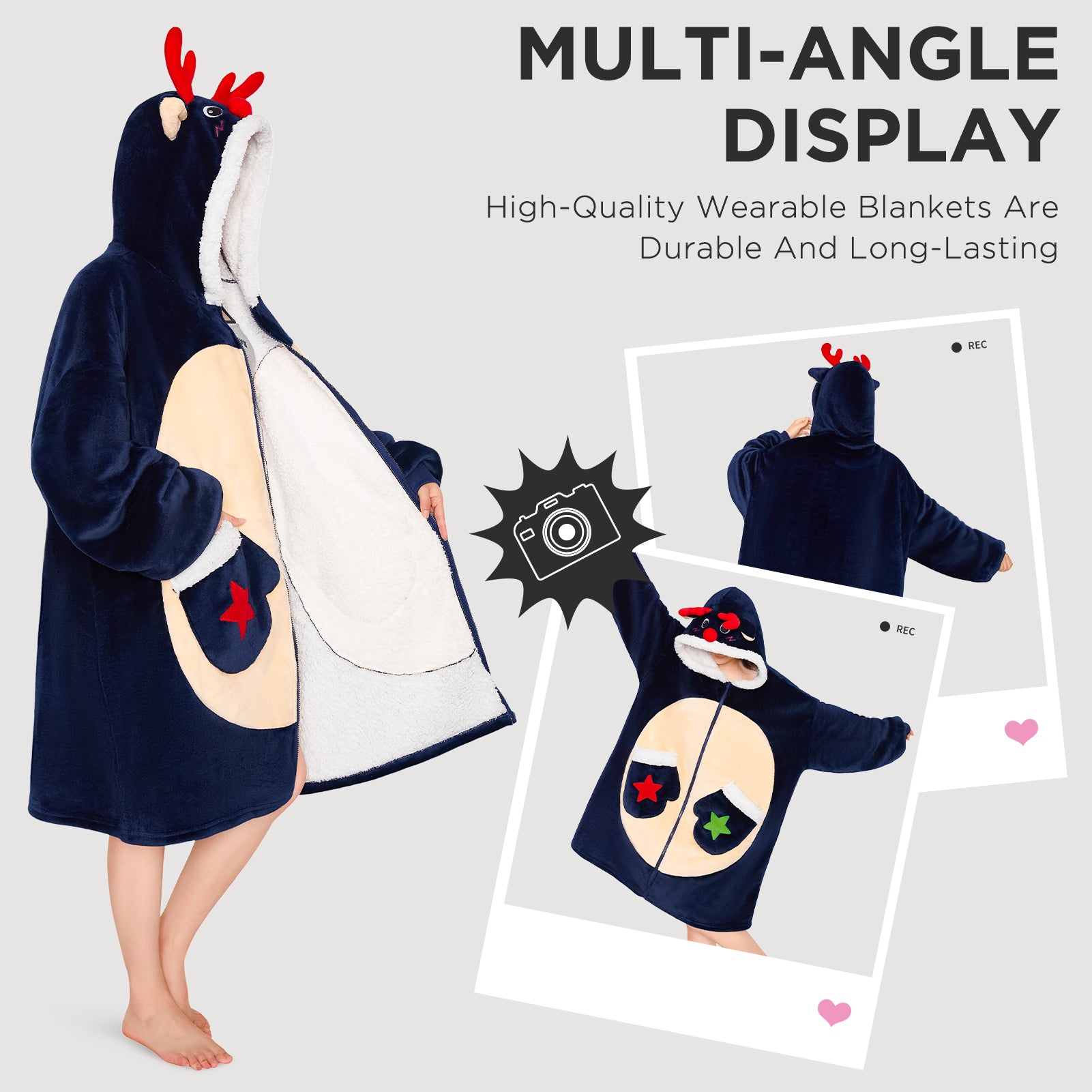 OLAOLA Blue Reindeer Christmas Deer Fluffy Wearable Blanket Hoodie With Zipper Oversized Fleece Sherpa Sleepwear