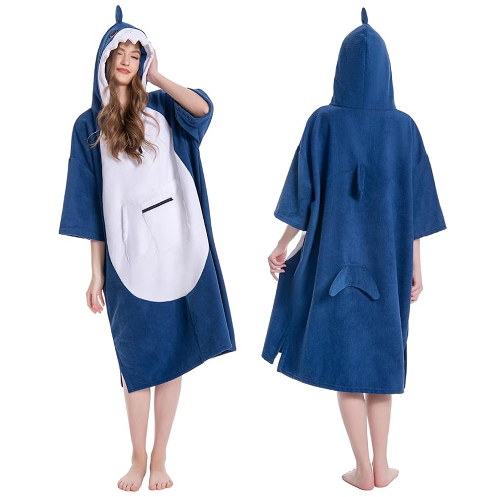 OLAOLA Blue Shark Surf Poncho Changing Towel Swim Robe Beach Towels Quick Dry Terry Cloth Cover-Up Hood