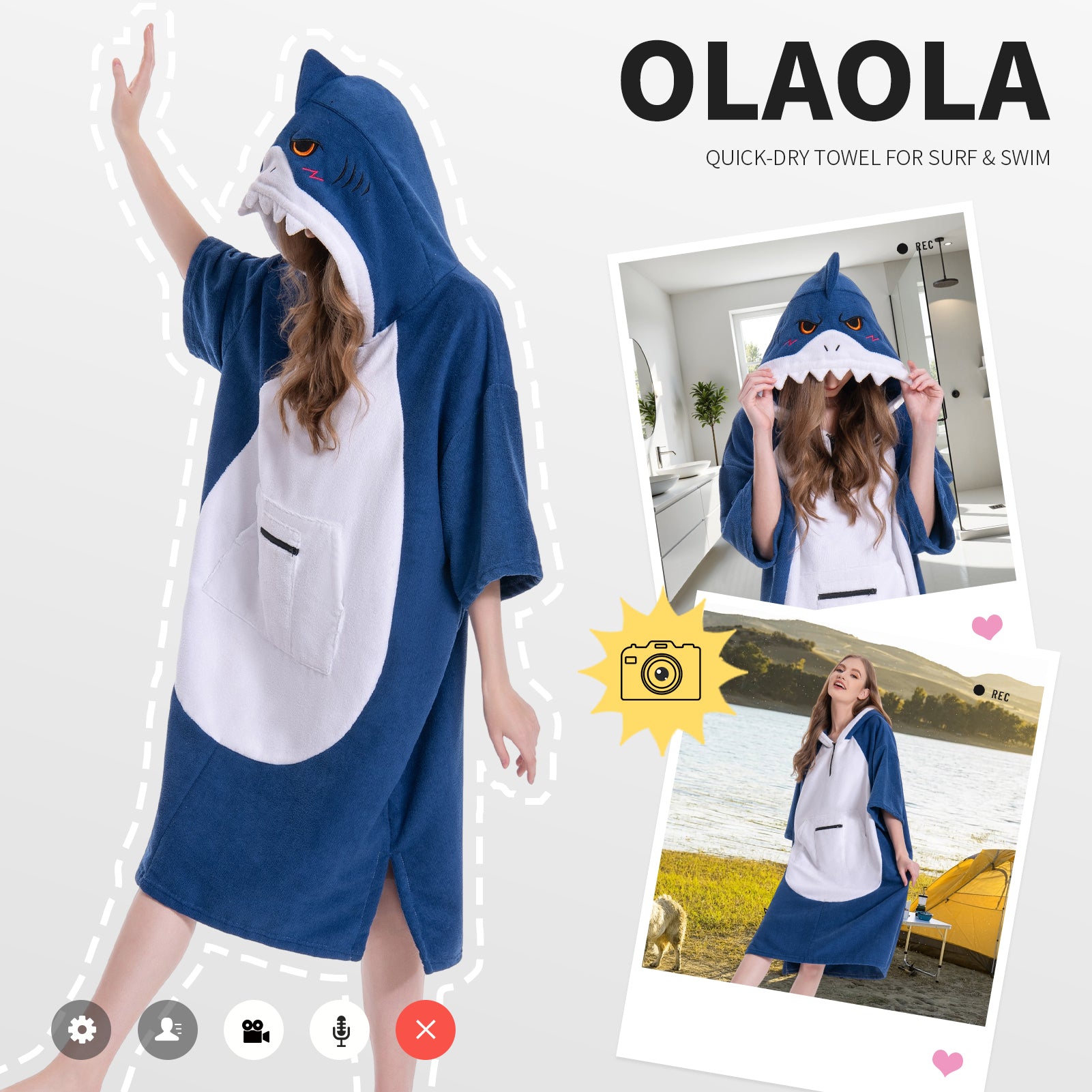 OLAOLA Blue Shark Surf Poncho Changing Towel Swim Robe Beach Towels Quick Dry Terry Cloth Cover-Up Hood
