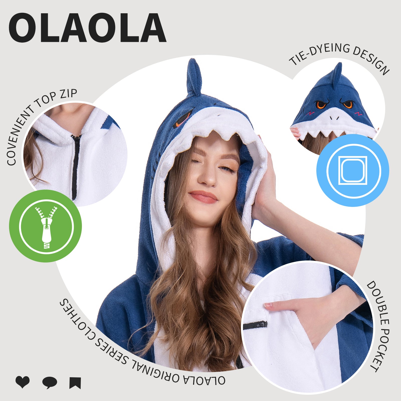 OLAOLA Blue Shark Surf Poncho Changing Towel Swim Robe Beach Towels Quick Dry Terry Cloth Cover-Up Hood
