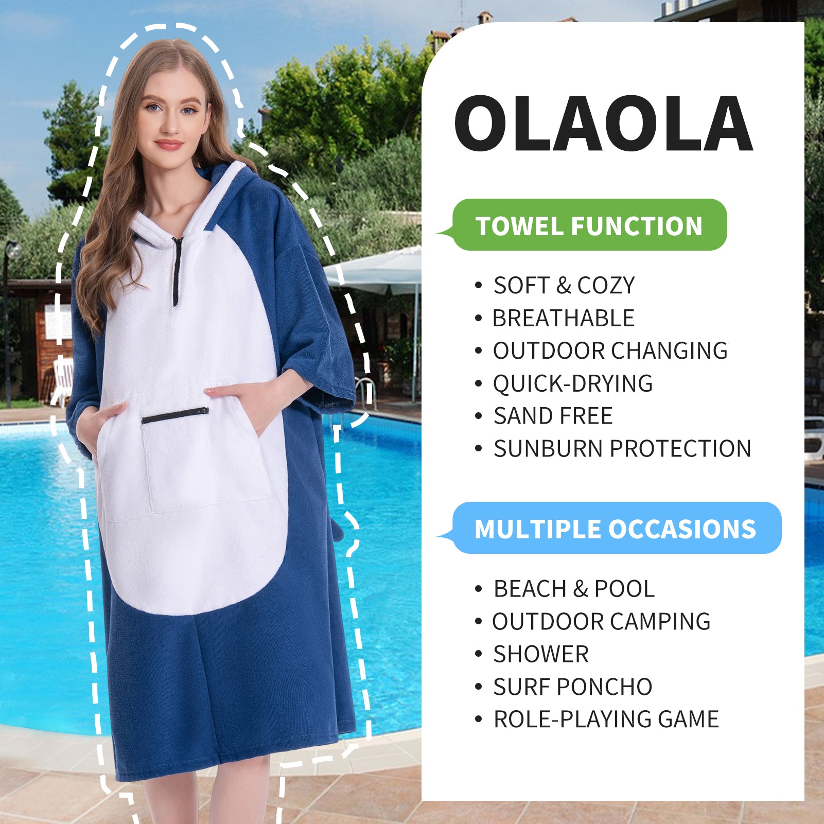 OLAOLA Blue Shark Surf Poncho Changing Towel Swim Robe Beach Towels Quick Dry Terry Cloth Cover-Up Hood