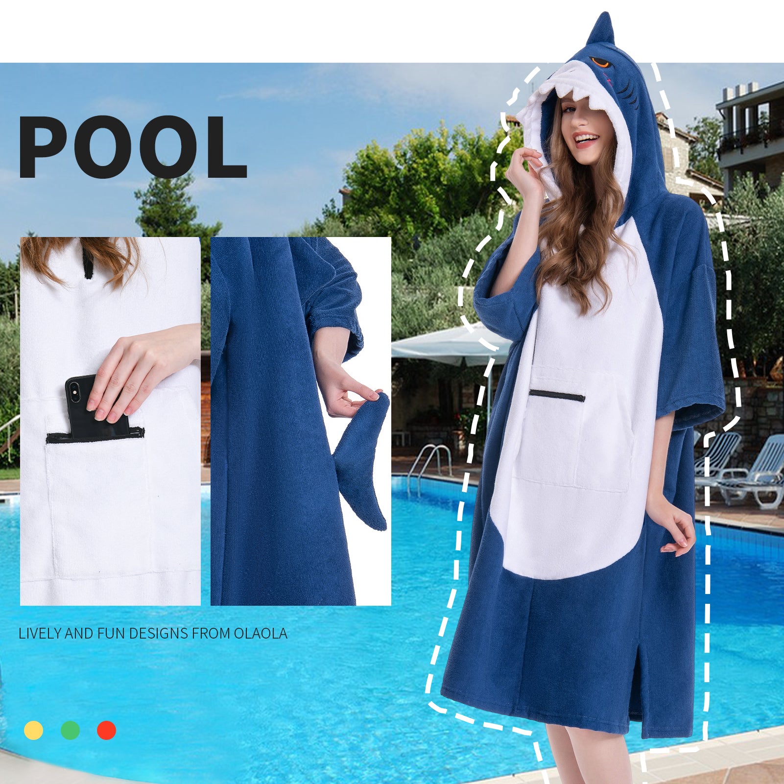 OLAOLA Blue Shark Surf Poncho Changing Towel Swim Robe Beach Towels Quick Dry Terry Cloth Cover-Up Hood