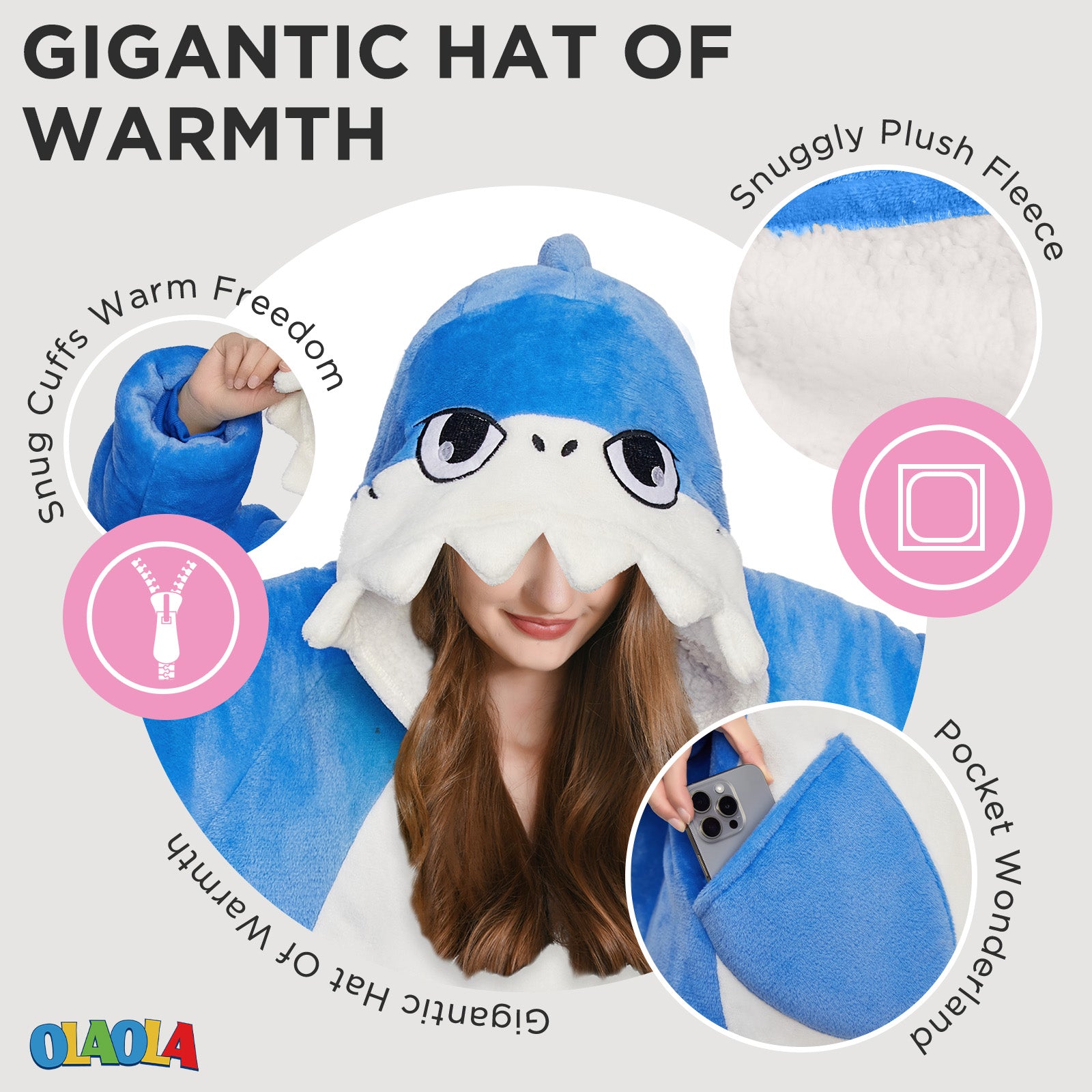 OLAOLA Blue Shark Wearable Blanket Hoodie for Adults Oversized Animal Hooded Blanket Soft Warm Cozy Sherpa Fleece Sweatshirt