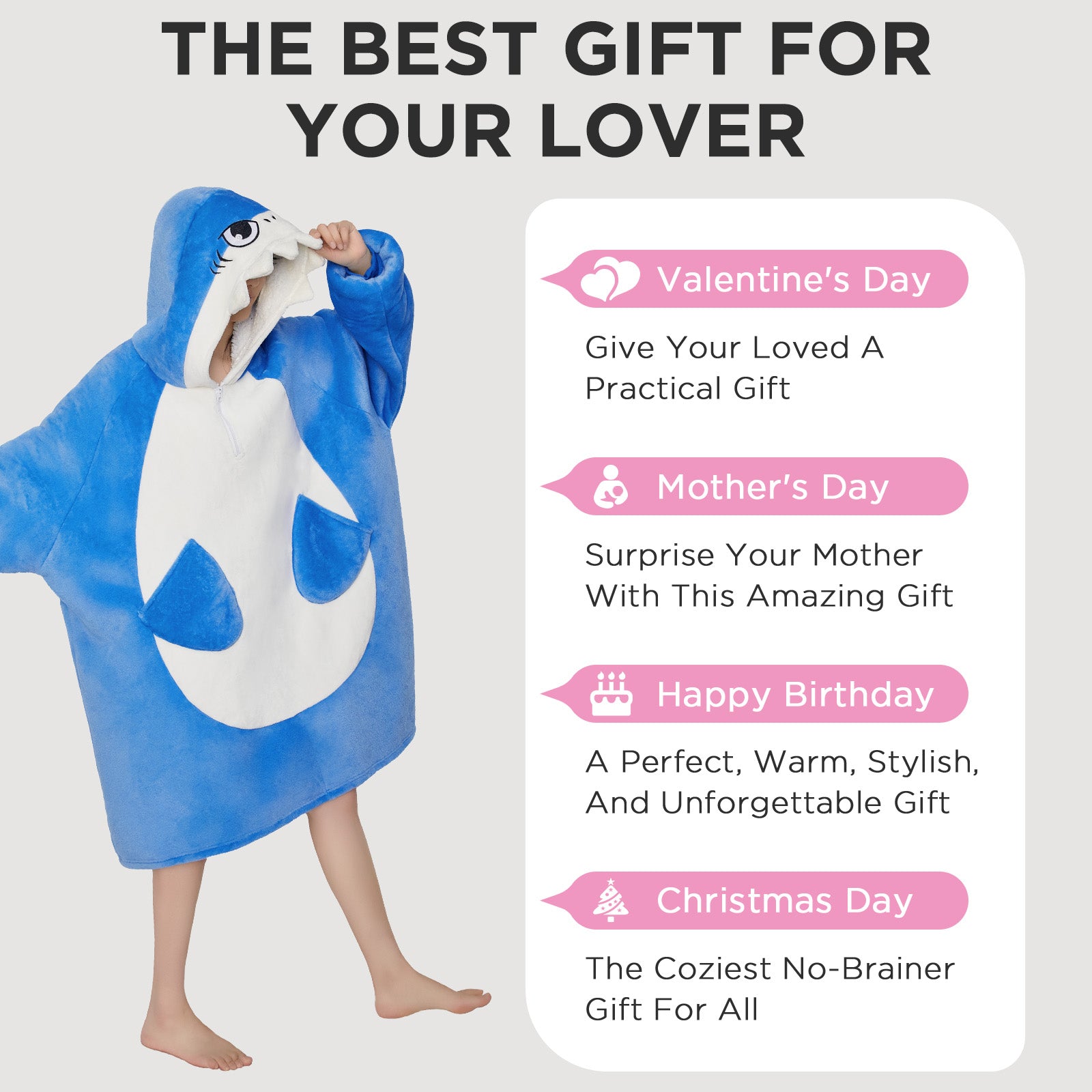 OLAOLA Blue Shark Wearable Blanket Hoodie for Adults Oversized Animal Hooded Blanket Soft Warm Cozy Sherpa Fleece Sweatshirt