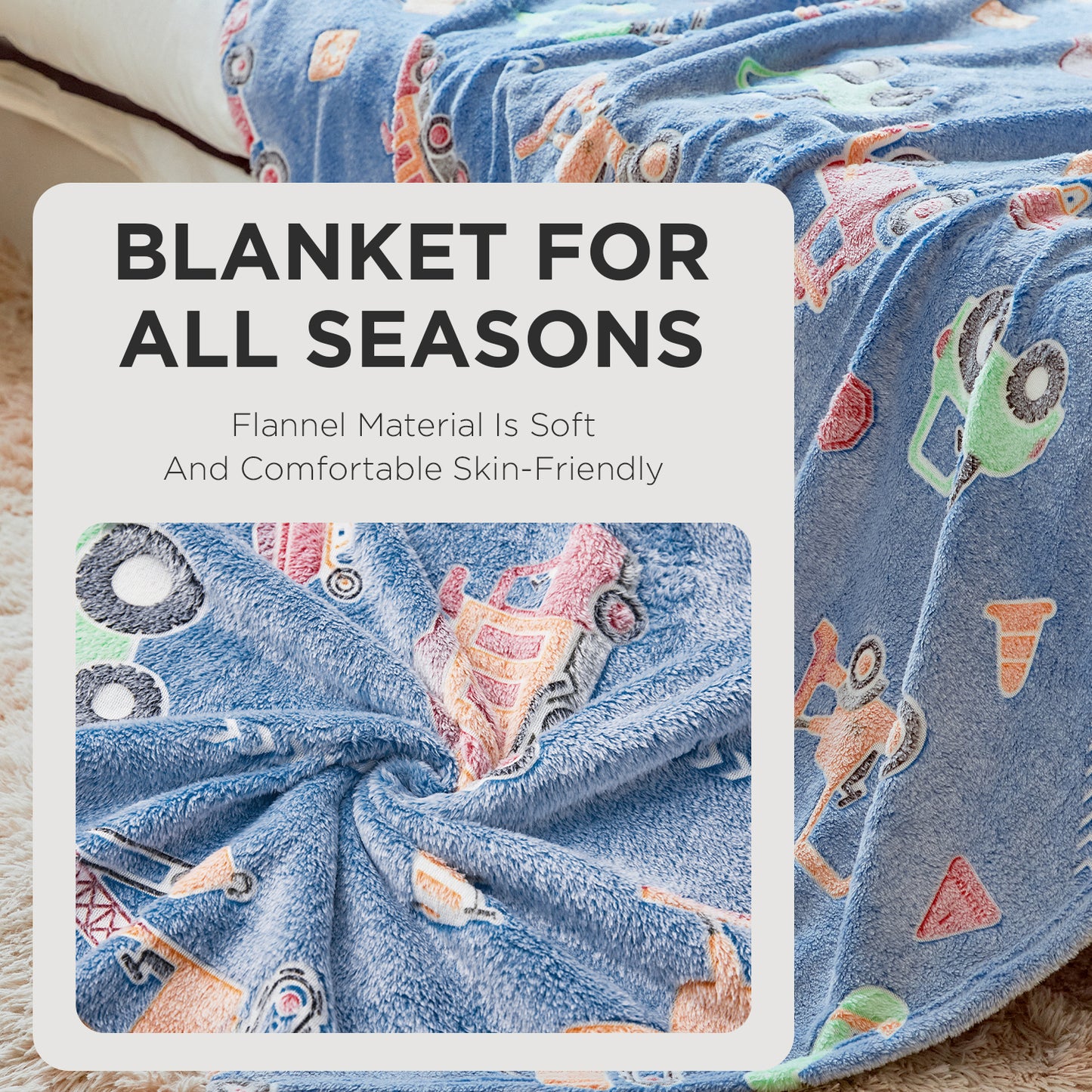 OLAOLA Blue Toy Car Blankets Soft Cozy Throw Warm Lightweight Glow In The Dark Flannel Blanket For Couch Bed Sofa Magical Decor