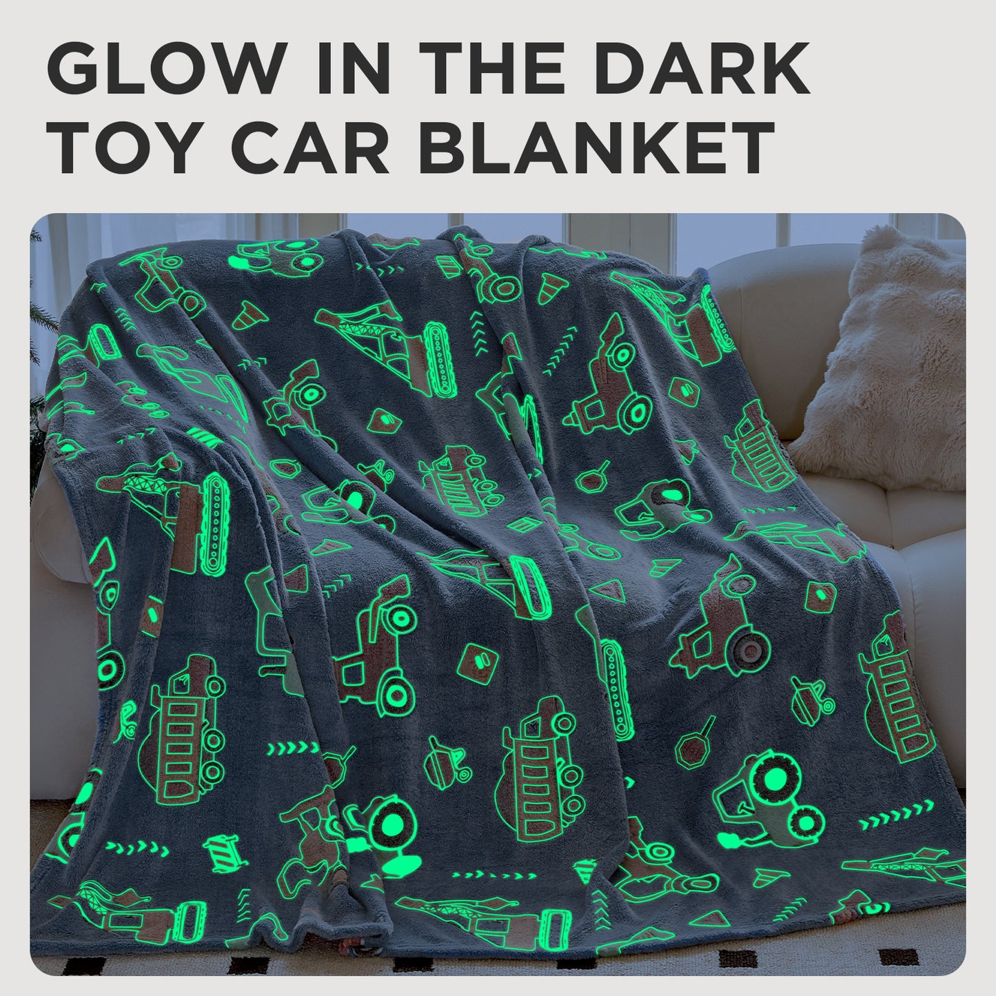 OLAOLA Blue Toy Car Blankets Soft Cozy Throw Warm Lightweight Glow In The Dark Flannel Blanket For Couch Bed Sofa Magical Decor