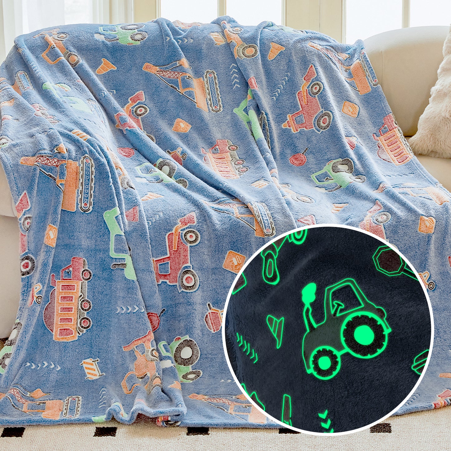 OLAOLA Blue Toy Car Blankets Soft Cozy Throw Warm Lightweight Glow In The Dark Flannel Blanket For Couch Bed Sofa Magical Decor