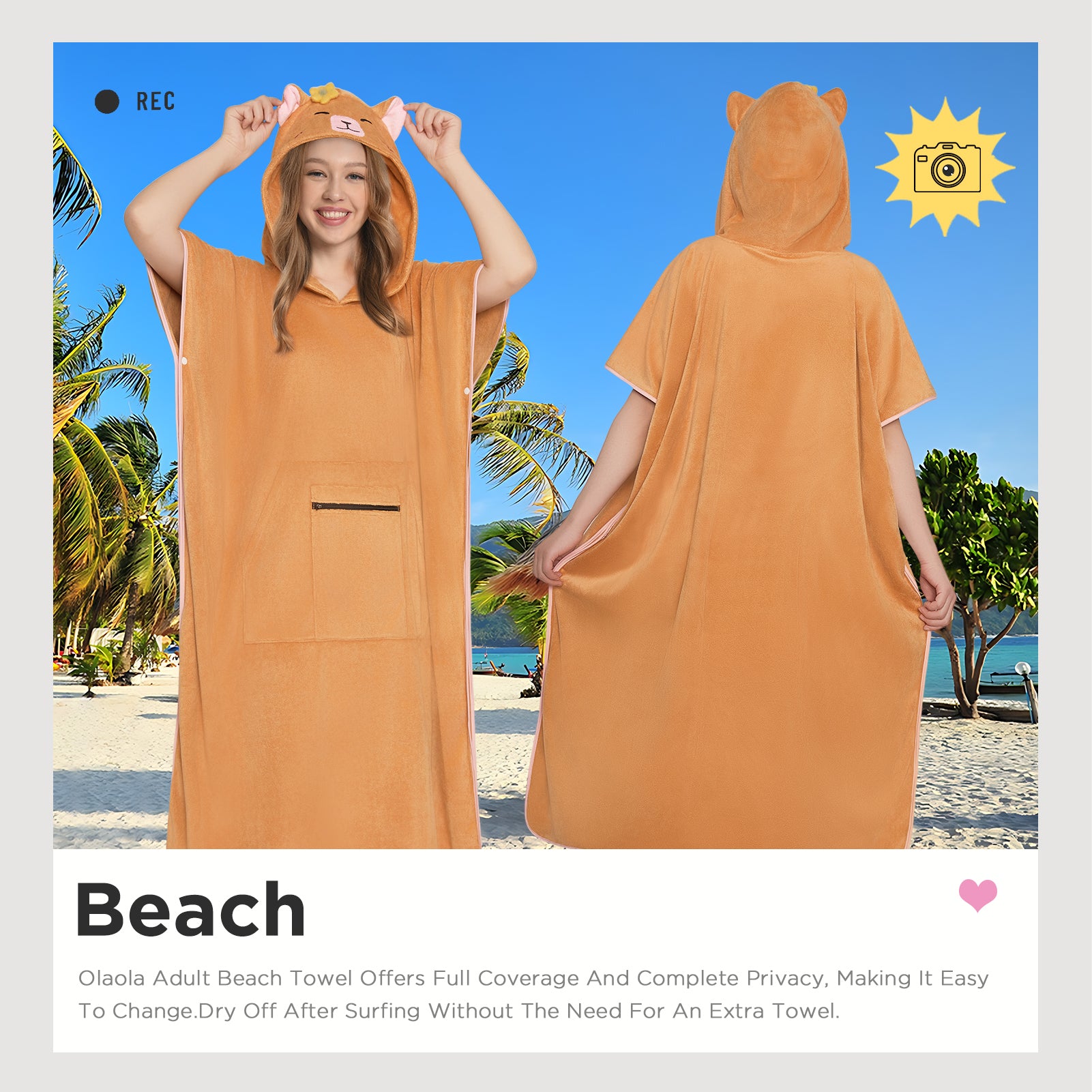 OLAOLA Capybara Beach Towels Surf Poncho Changing Towel Swim Robe With Pocket Plus Size Quick Dry Terry Cloth Cover-Up Hood