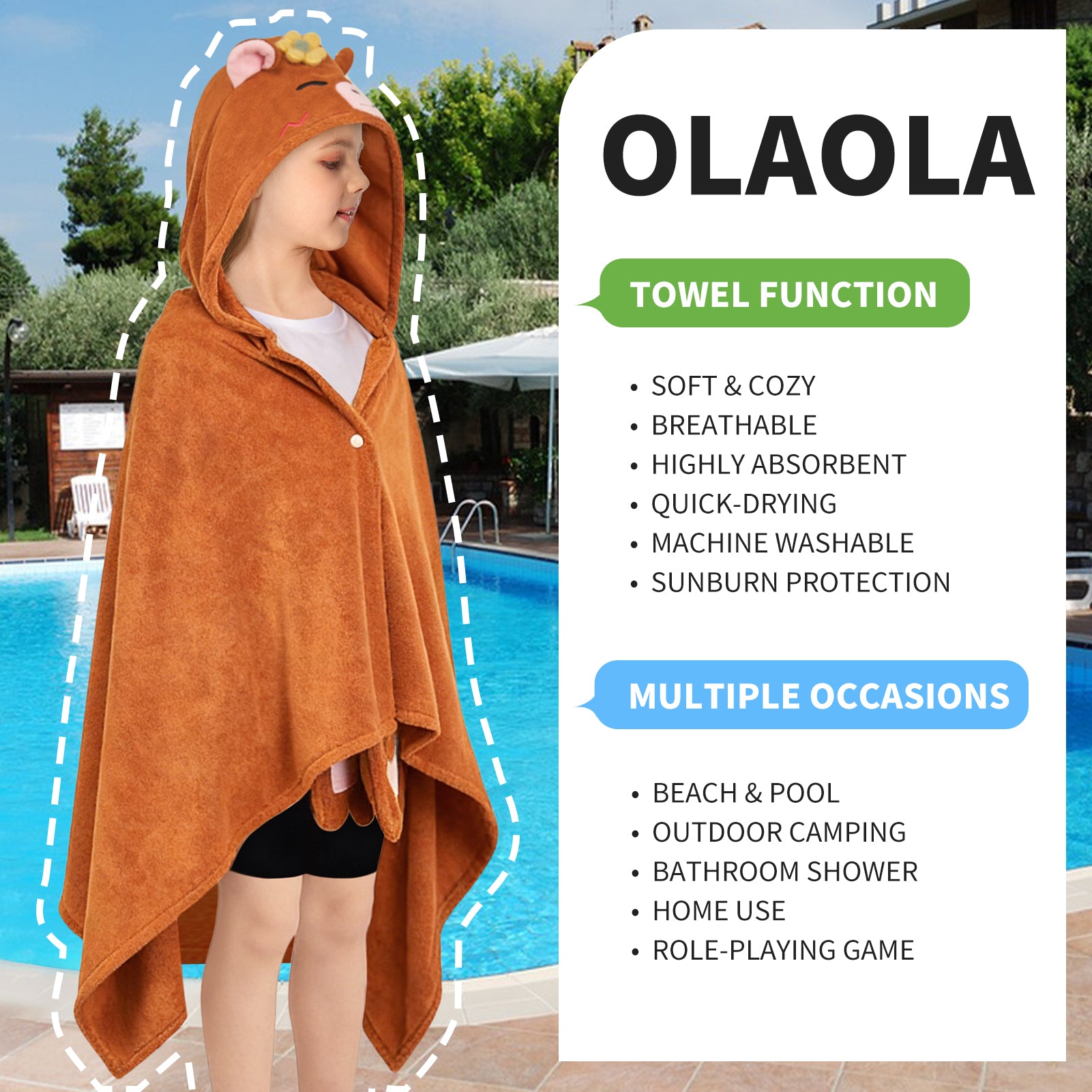 OLAOLA Capybara Hooded Towel Soft Thick Bath Beach Towel Absorbent Toddler Bath Towel Wrap Swim Pool Towels Poncho For 3-12 Years Kids