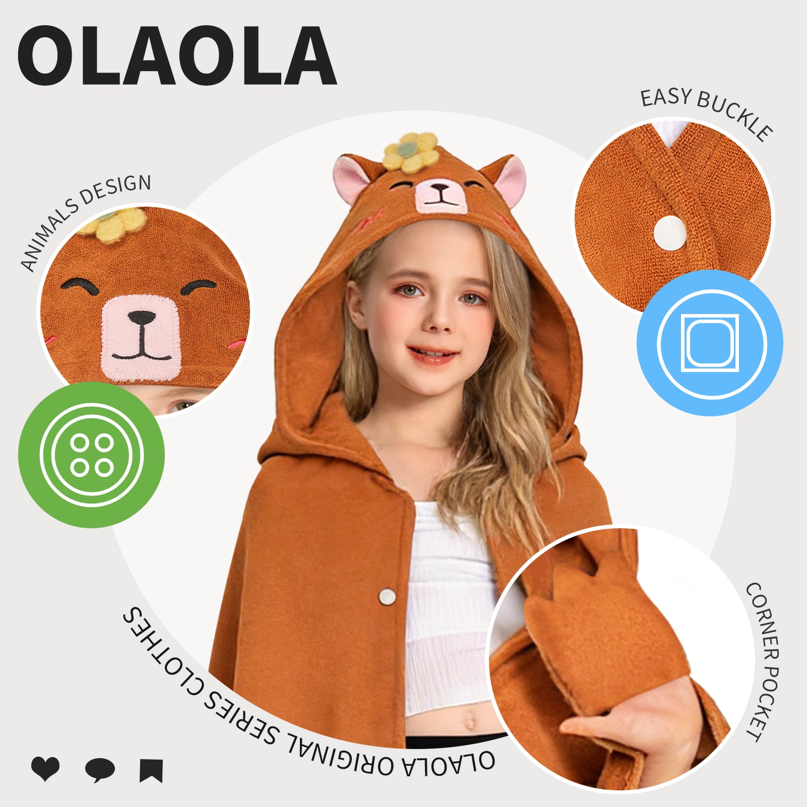 OLAOLA Capybara Hooded Towel Soft Thick Bath Beach Towel Absorbent Toddler Bath Towel Wrap Swim Pool Towels Poncho For 3-12 Years Kids