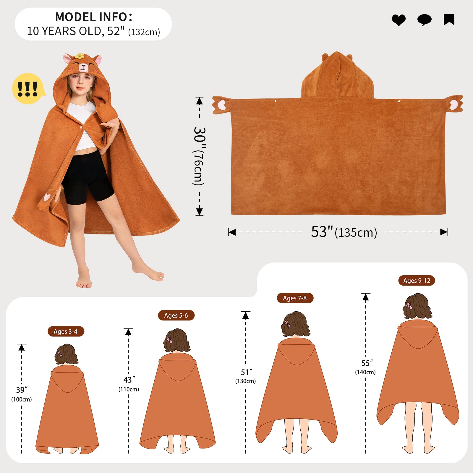 OLAOLA Capybara Hooded Towel Soft Thick Bath Beach Towel Absorbent Toddler Bath Towel Wrap Swim Pool Towels Poncho For 3-12 Years Kids