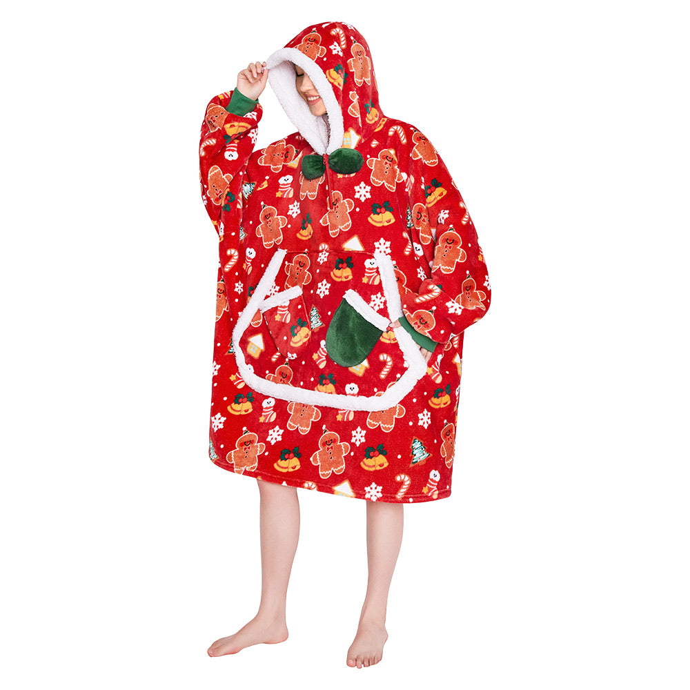 OLAOLA Christmas Gingerbread Man Red Wearable Blanket Hoodie Animals Onesie Oversized Soft Homwear For Adult