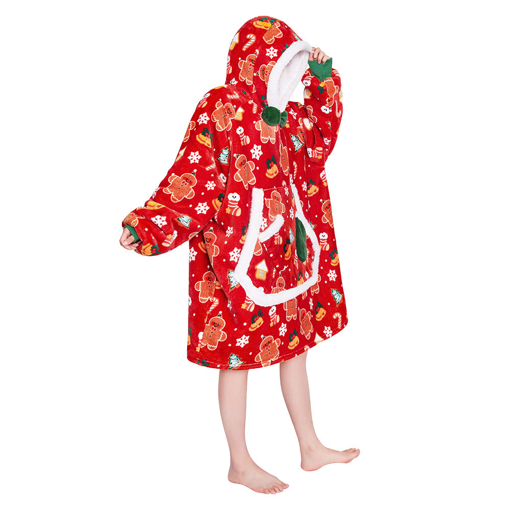 OLAOLA Christmas Gingerbread Man Red Wearable Blanket Hoodie Animals Onesie Oversized Soft Homwear For Adult