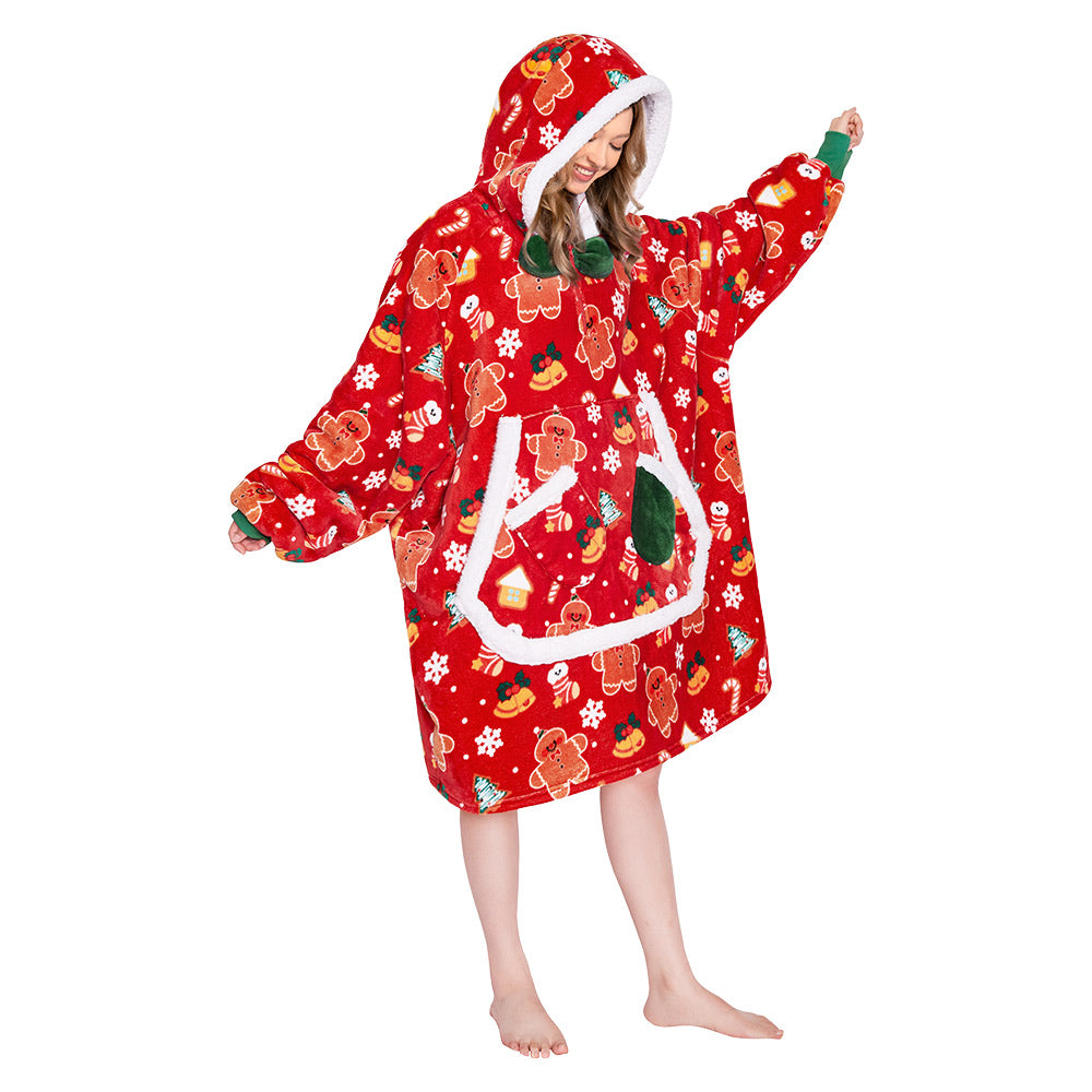 OLAOLA Christmas Gingerbread Man Red Wearable Blanket Hoodie Animals Onesie Oversized Soft Homwear For Adult