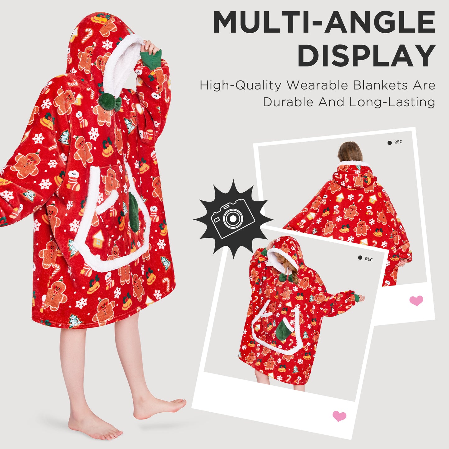 OLAOLA Christmas Gingerbread Man Red Wearable Blanket Hoodie Animals Onesie Oversized Soft Homewear For Adult