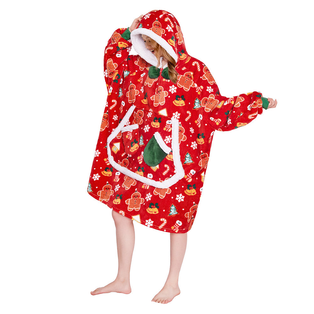 OLAOLA Christmas Gingerbread Man Red Wearable Blanket Hoodie Animals Onesie Oversized Soft Homwear For Adult