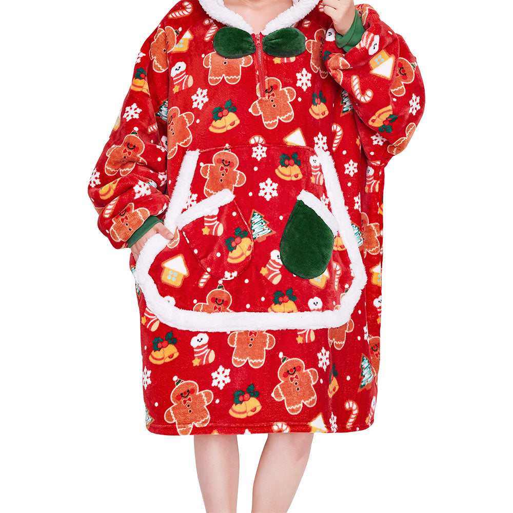 OLAOLA Christmas Gingerbread Man Red Wearable Blanket Hoodie Animals Onesie Oversized Soft Homwear For Adult