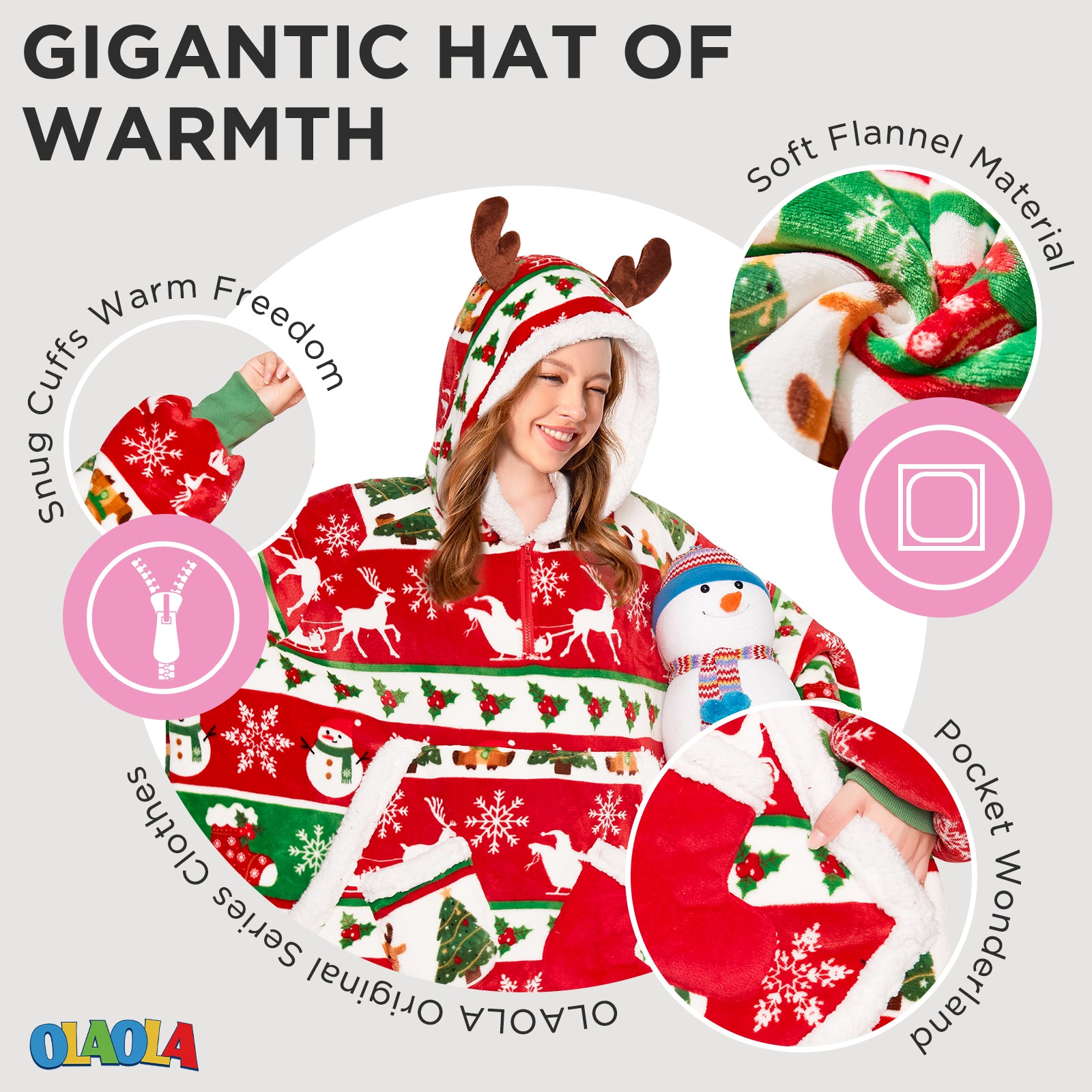 OLAOLA Christmas Tree Snowman Elk Red Wearable Blanket Hoodie Animals Onesie Oversized Soft Homewear For Adult