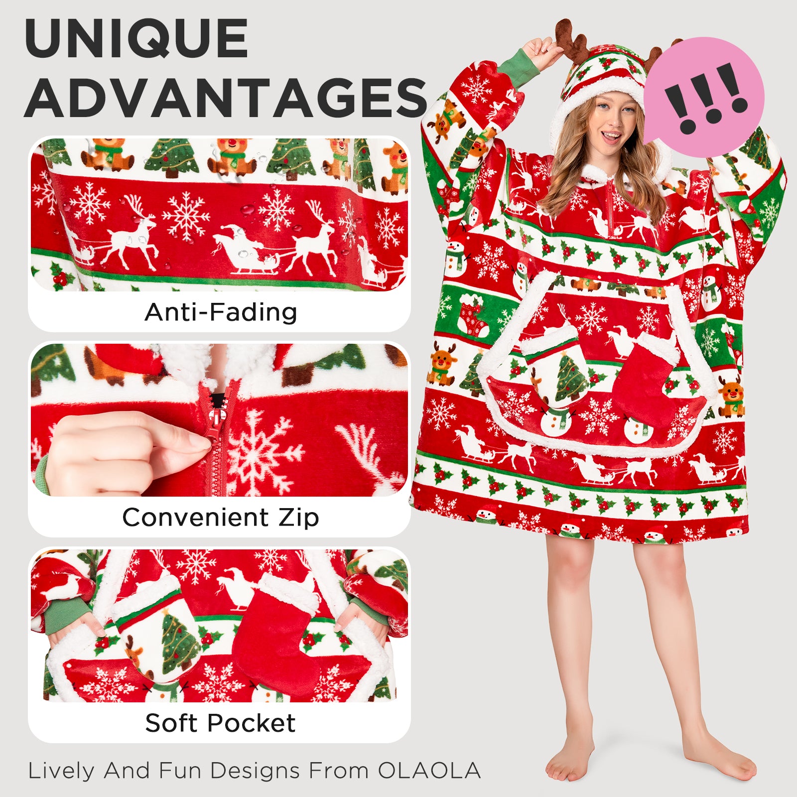 OLAOLA Christmas Tree Snowman Elk Red Wearable Blanket Hoodie Animals Onesie Oversized Soft Homewear For Adult