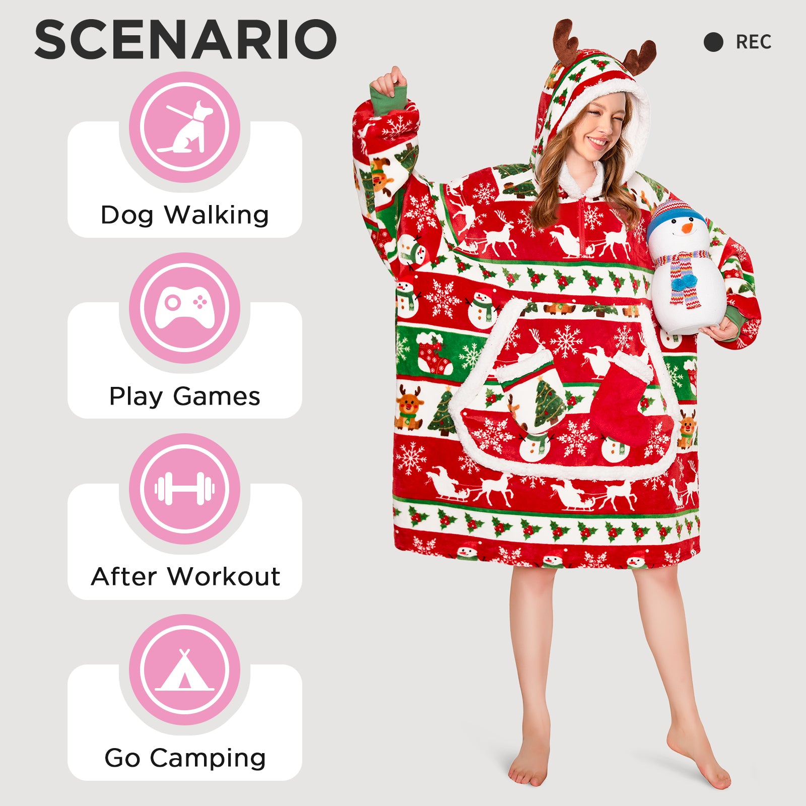 OLAOLA Christmas Tree Snowman Elk Red Wearable Blanket Hoodie Animals Onesie Oversized Soft Homewear For Adult