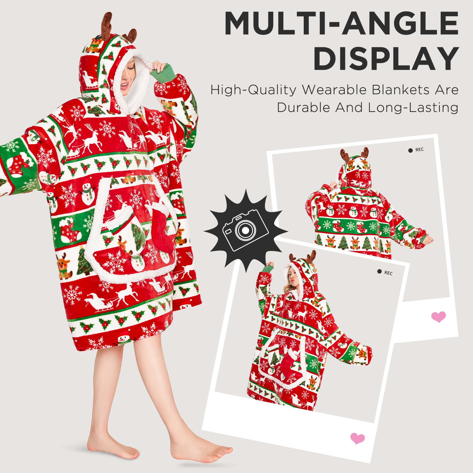 OLAOLA Christmas Tree Snowman Elk Red Wearable Blanket Hoodie Animals Onesie Oversized Soft Homewear For Adult