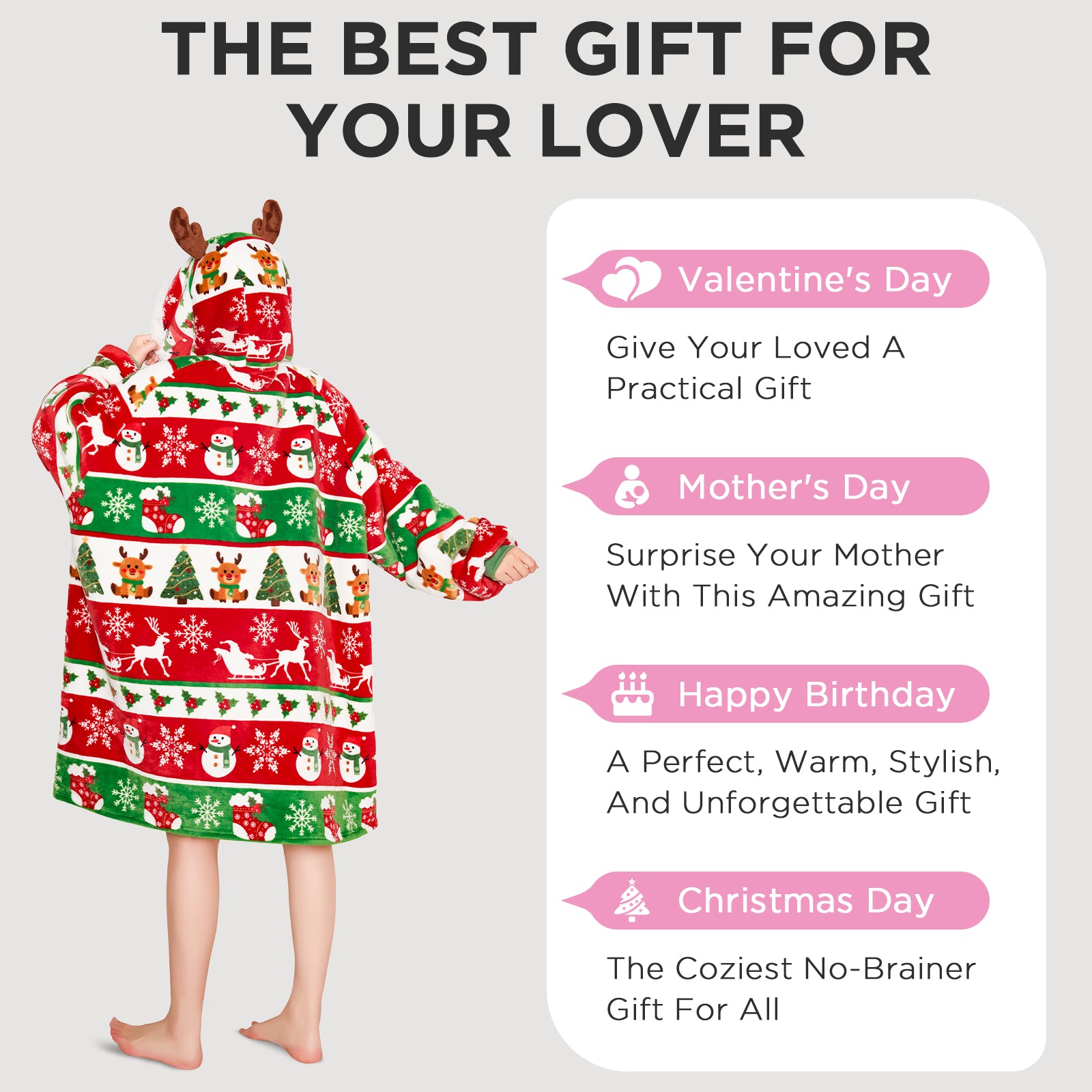 OLAOLA Christmas Tree Snowman Elk Red Wearable Blanket Hoodie Animals Onesie Oversized Soft Homewear For Adult