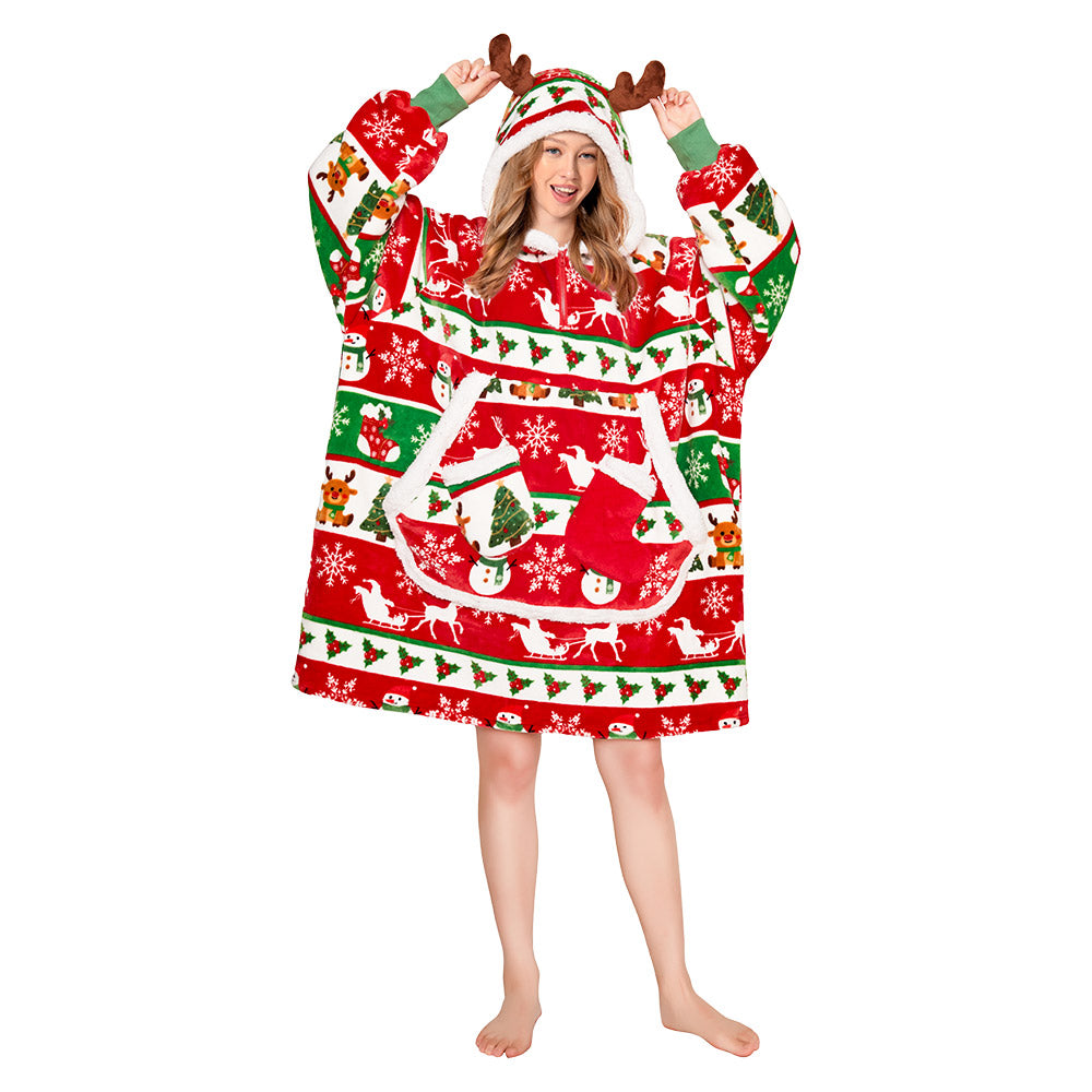 OLAOLA Christmas Tree Snowman Elk Red Wearable Blanket Hoodie Animals Onesie Oversized Soft Homwear For Adult