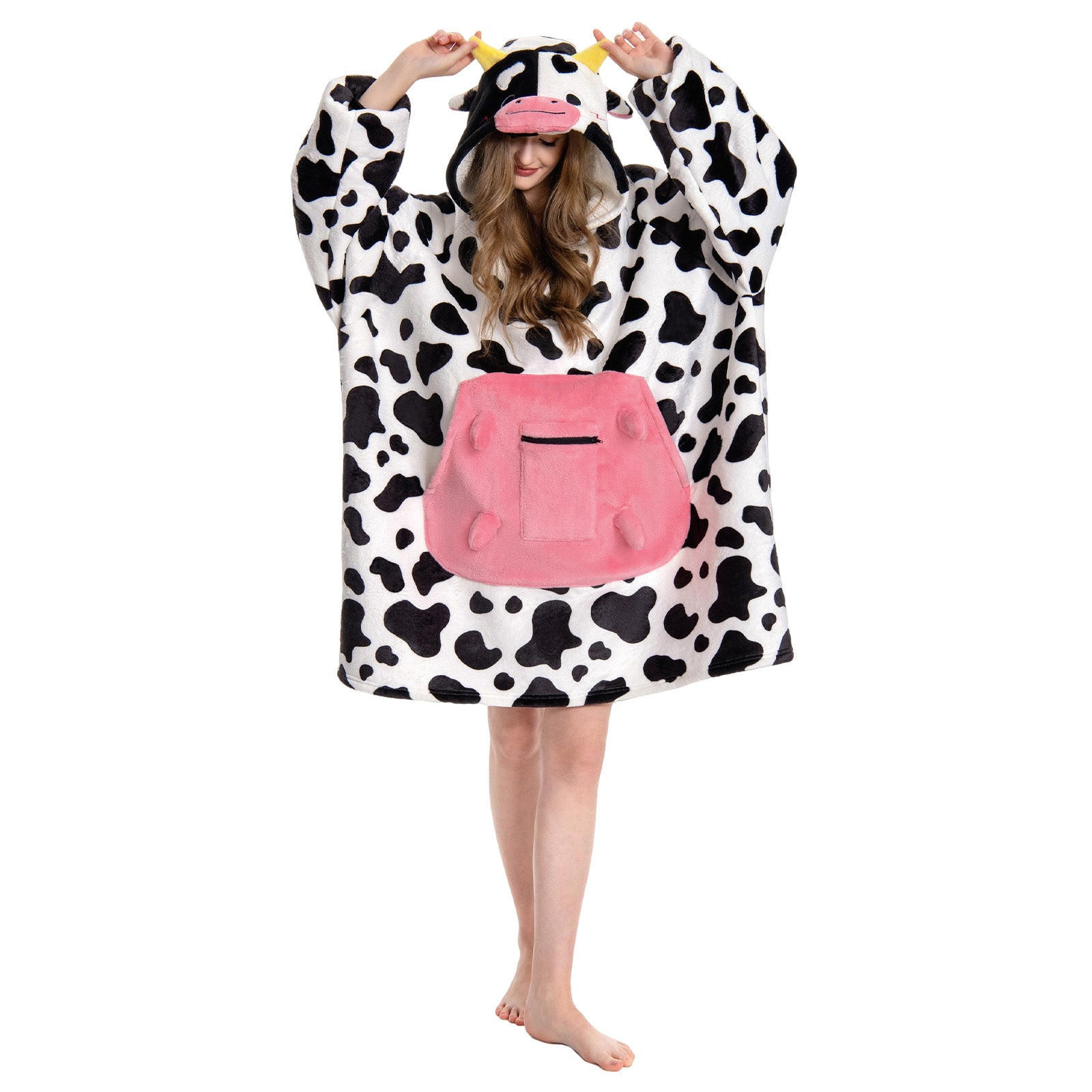 OLAOLA Dairy Cows Wearable Blanket Hoodie Animals Onesie Oversized Soft Homwear With Giant Pocket For Adult