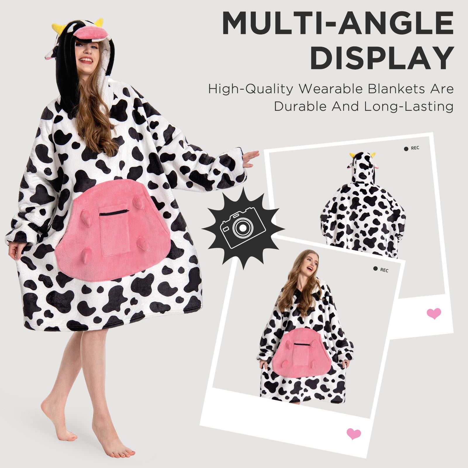 OLAOLA Dairy Cows Wearable Blanket Hoodie Animals Onesie Oversized Soft Homwear With Giant Pocket For Adult