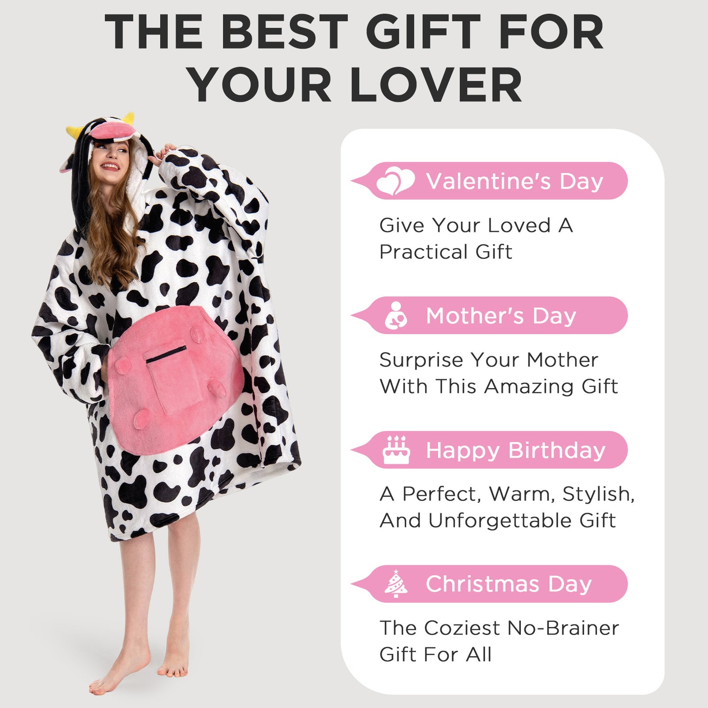 OLAOLA Dairy Cows Wearable Blanket Hoodie Animals Onesie Oversized Soft Homwear With Giant Pocket For Adult
