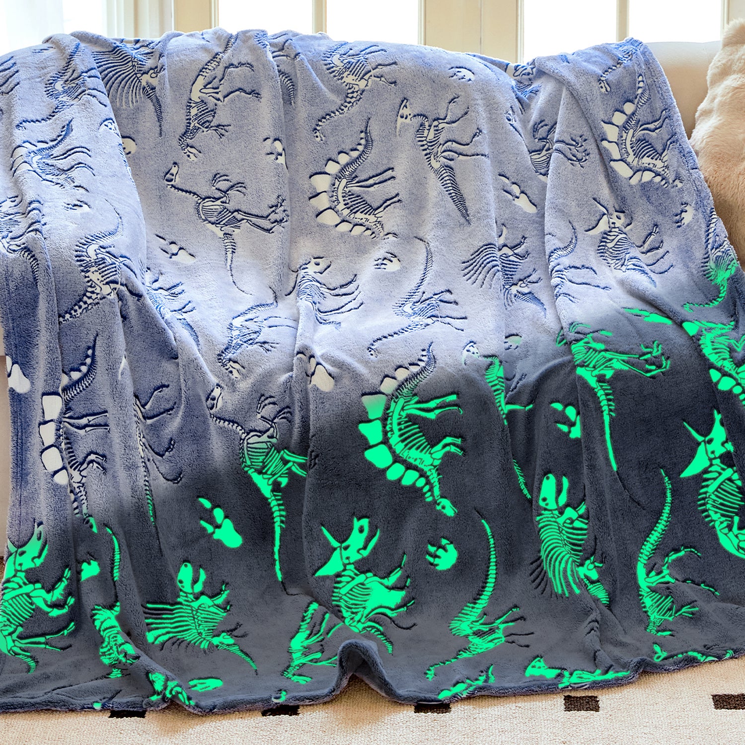 OLAOLA Dinosaur Fossil Blankets Dino Glow In The Dark Throw Soft Comforters Warm Lightweight Blanket For Kids Travel Camping