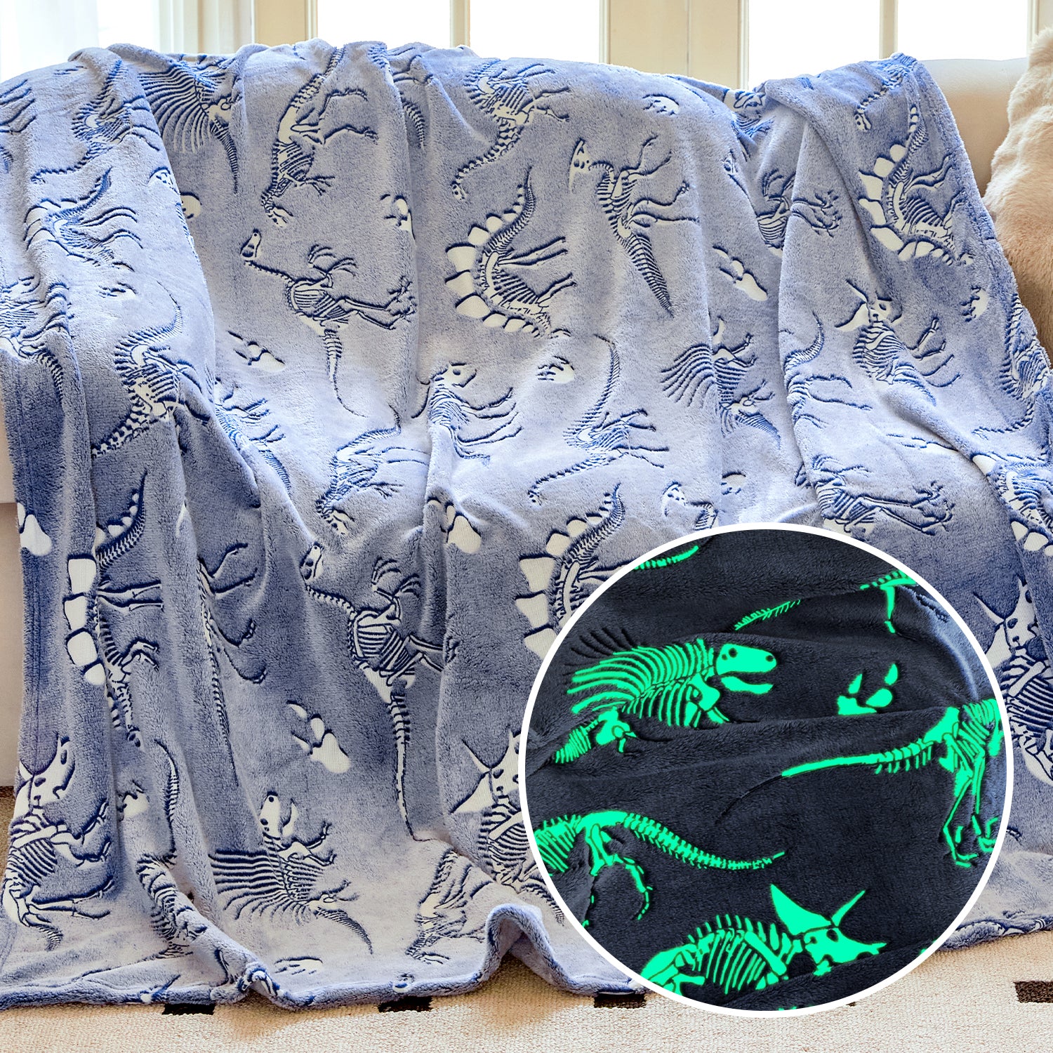 OLAOLA Dinosaur Fossil Blankets Dino Glow In The Dark Throw Soft Comforters Warm Lightweight Blanket For Kids Travel Camping