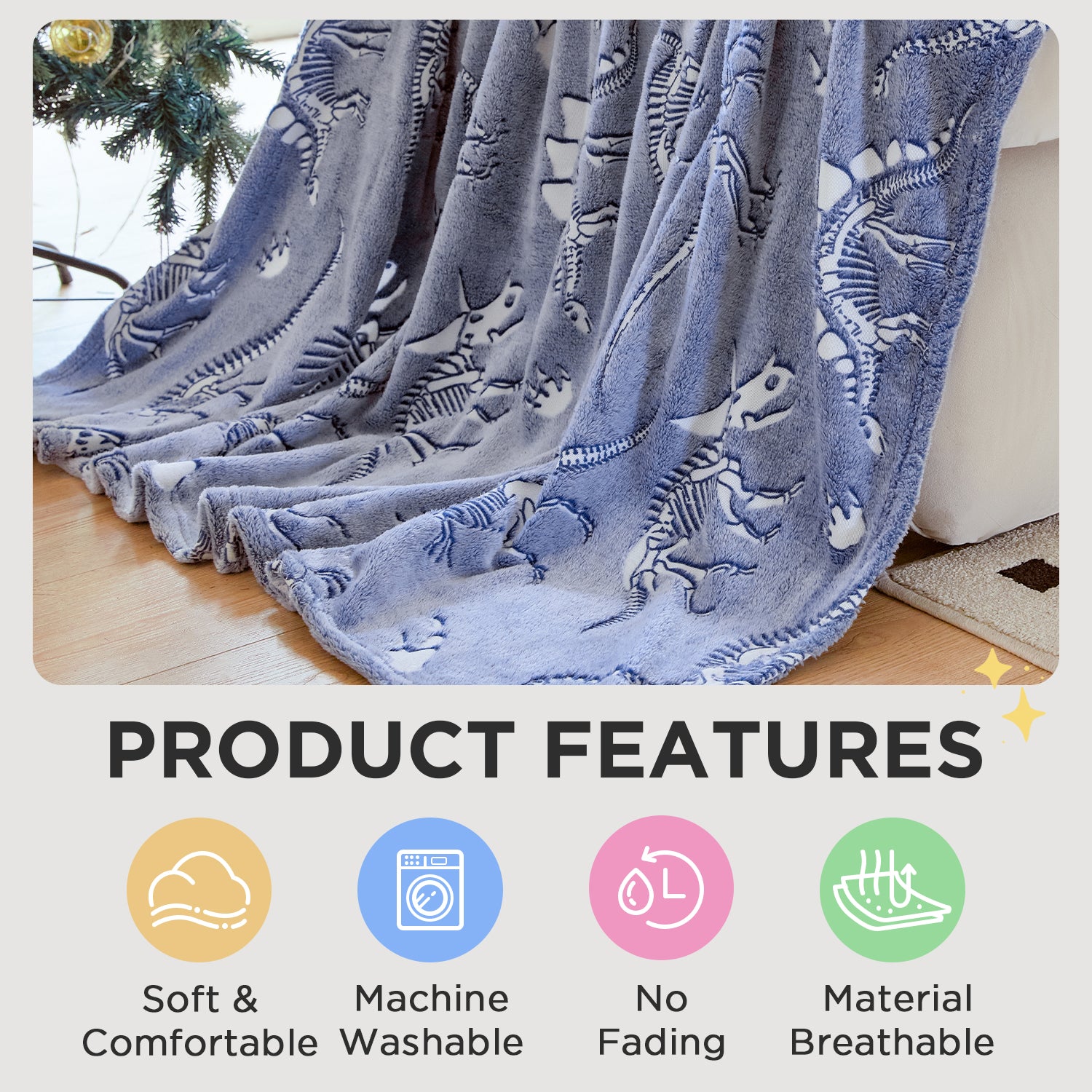 OLAOLA Dinosaur Fossil Blankets Dino Glow In The Dark Throw Soft Comforters Warm Lightweight Blanket For Kids Travel Camping