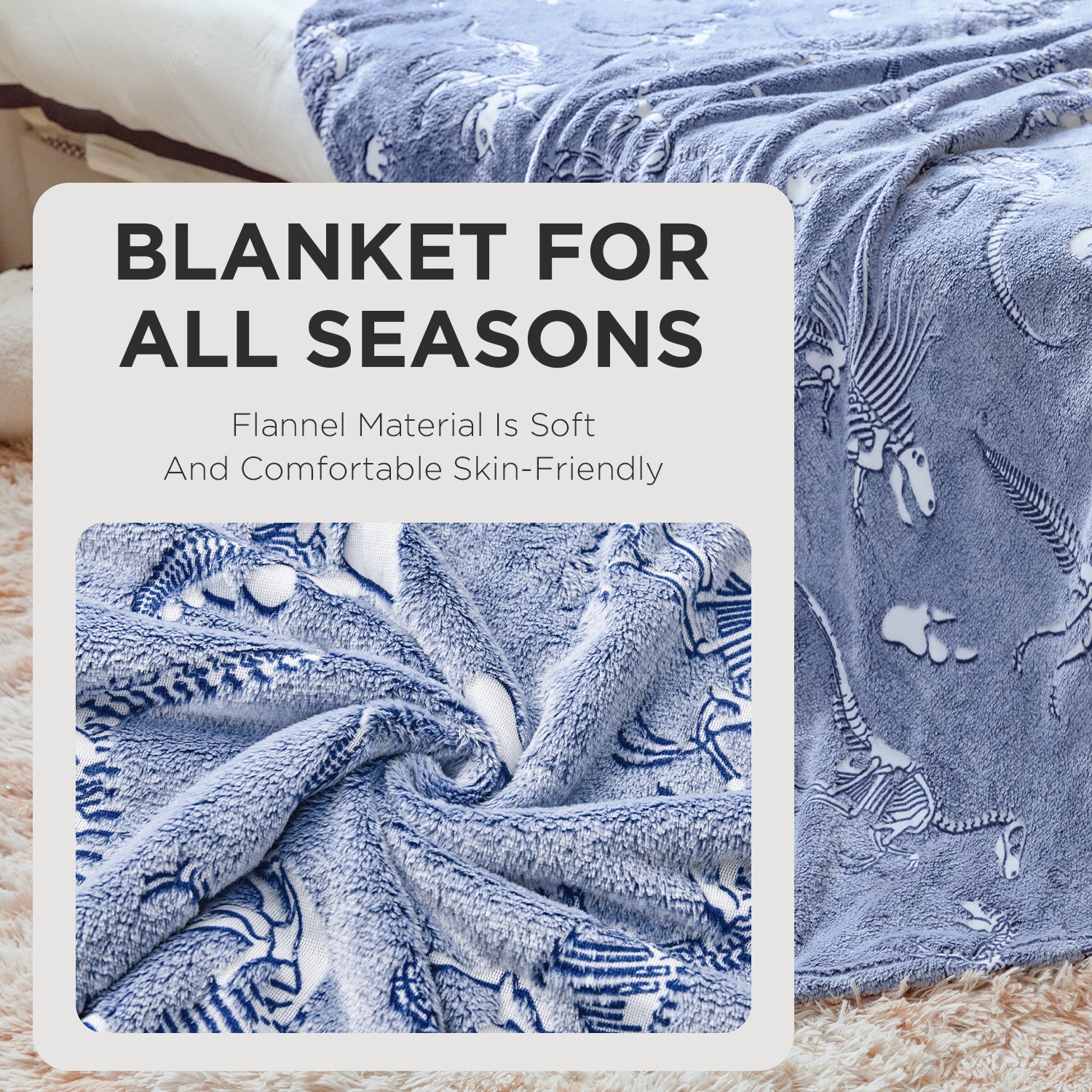 OLAOLA Dinosaur Fossil Blankets Dino Glow In The Dark Throw Soft Comforters Warm Lightweight Blanket For Kids Travel Camping