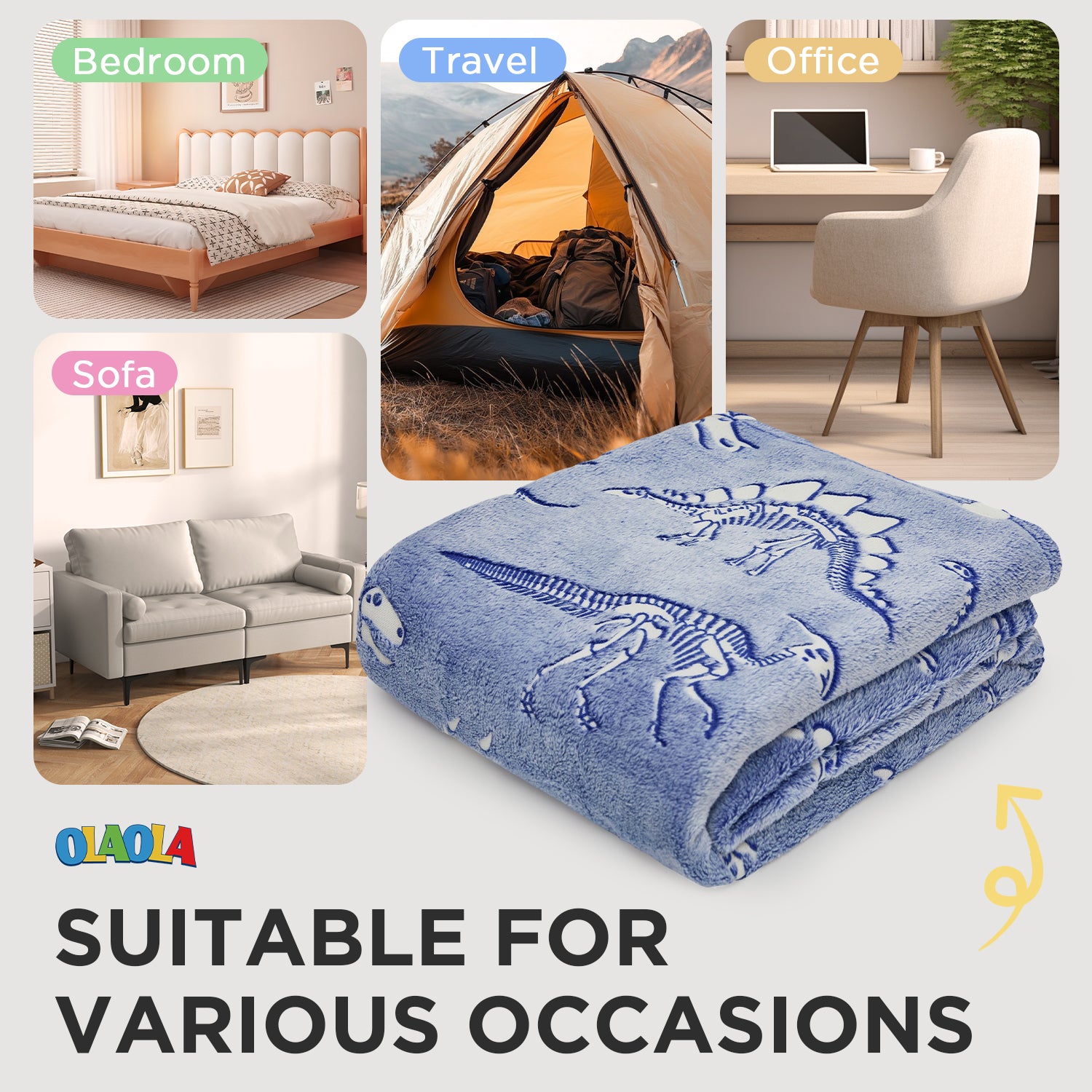 OLAOLA Dinosaur Fossil Blankets Dino Glow In The Dark Throw Soft Comforters Warm Lightweight Blanket For Kids Travel Camping