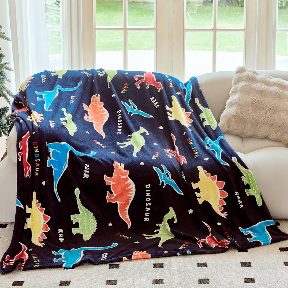 OLAOLA Dinosaur Glow In The Dark Blanket Dino Throw For Kids Birthday Easter Decor For Age 1-14 Years Old Luminous Throw
