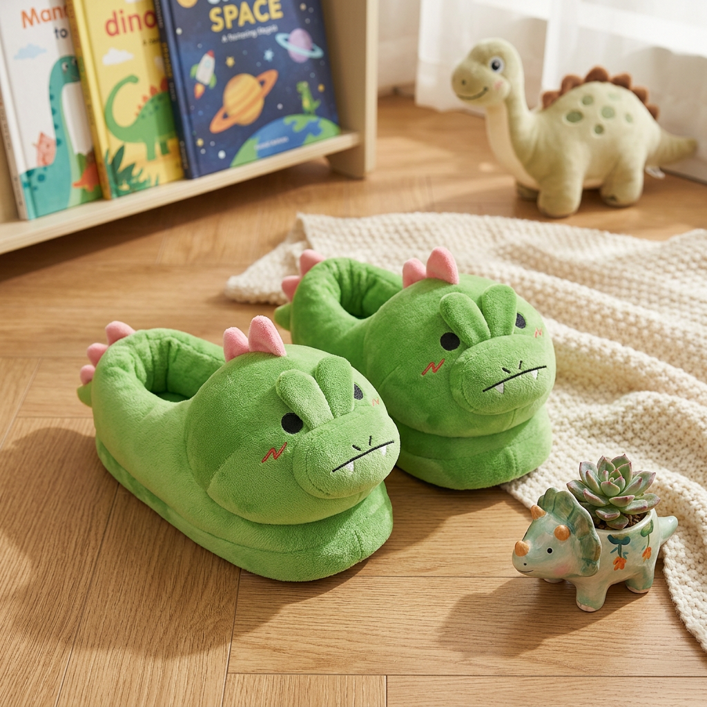 OLAOLA Dinosaur Slippers Warm Plush Animal Indoor Non-slip Home Fluffy Thick Bottom Shoes Gifts For Birthday Christmas