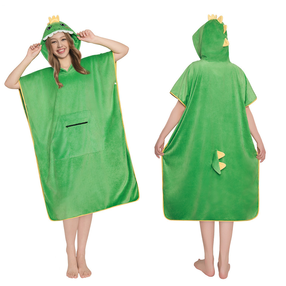 OLAOLA Dinosaur Surf Poncho Changing Towel Swim Robe With Pocket Plus Size Beach Towels Quick Dry Terry Cloth Cover-Up Hood