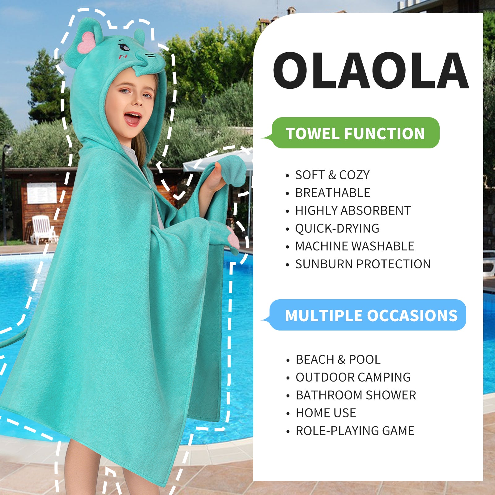 OLAOLA Elephant Hooded Towel Soft Thick Bath Beach Towel Absorbent Toddler Bath Towel Wrap Swim Pool Towels Poncho For 3-12 Years Kids