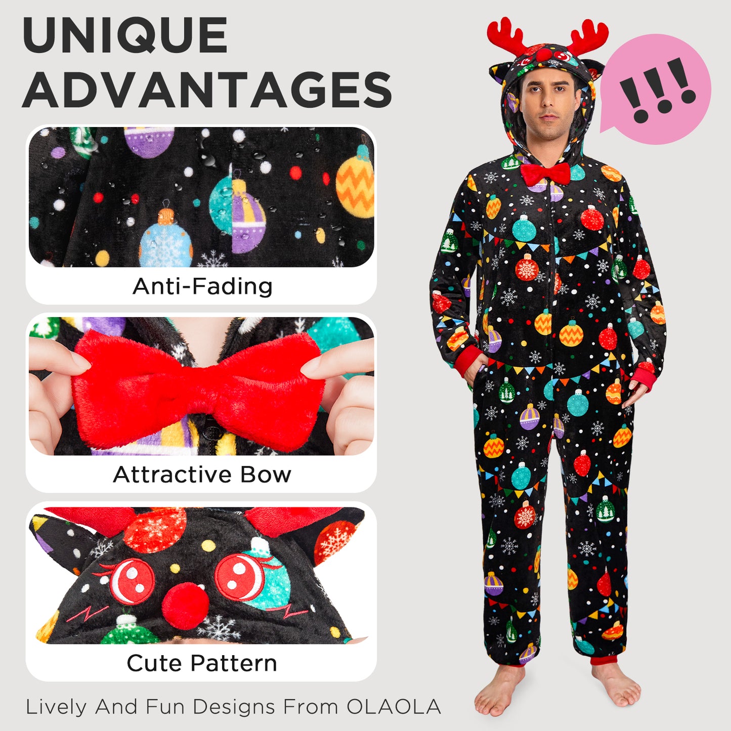 OLAOLA Elk Printed Colored Lights Black Pajamas Plush Animals Onesie Sleepwear Christmas Party Suit For Adult
