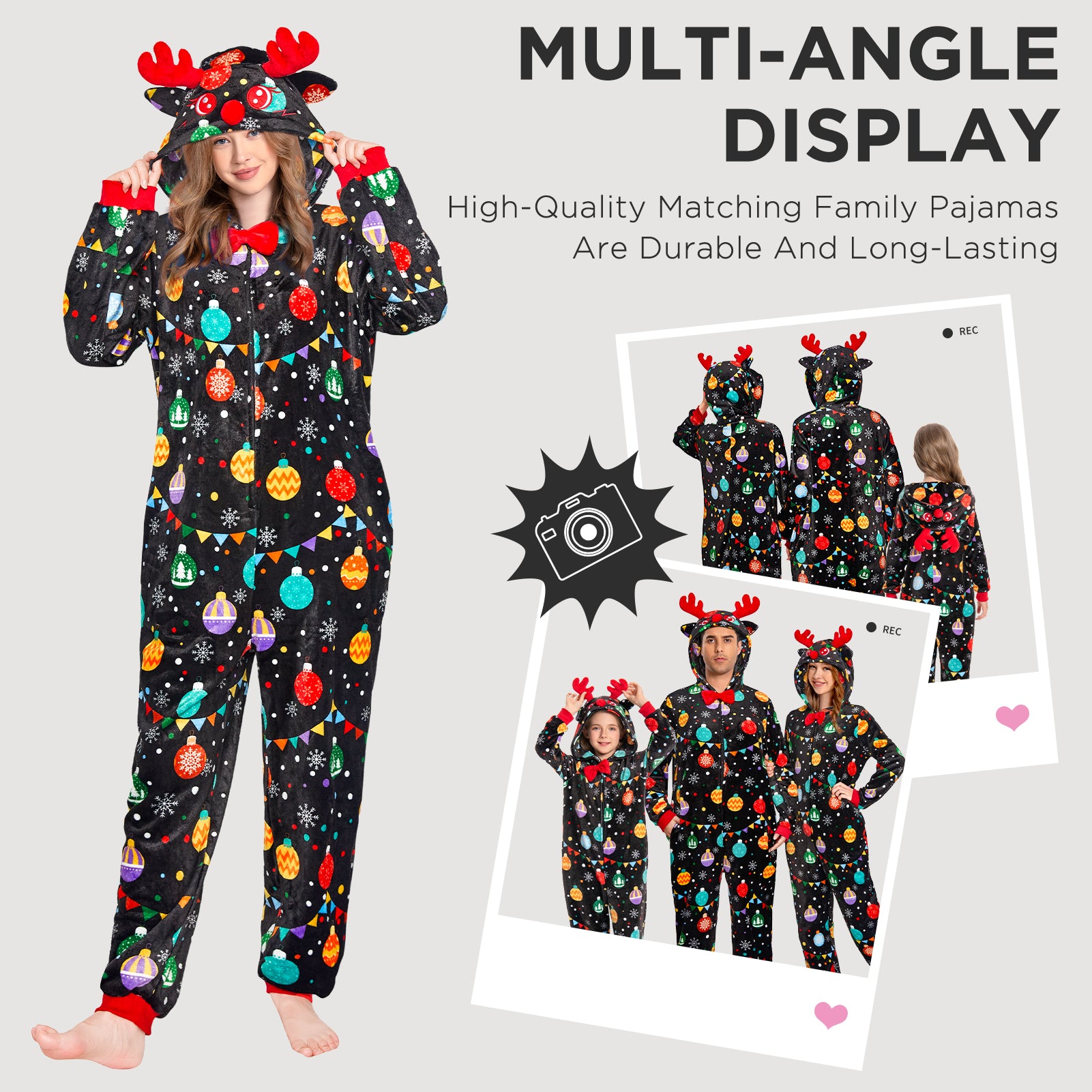 OLAOLA Elk Printed Colored Lights Black Pajamas Plush Animals Onesie Sleepwear Christmas Party Suit For Adult
