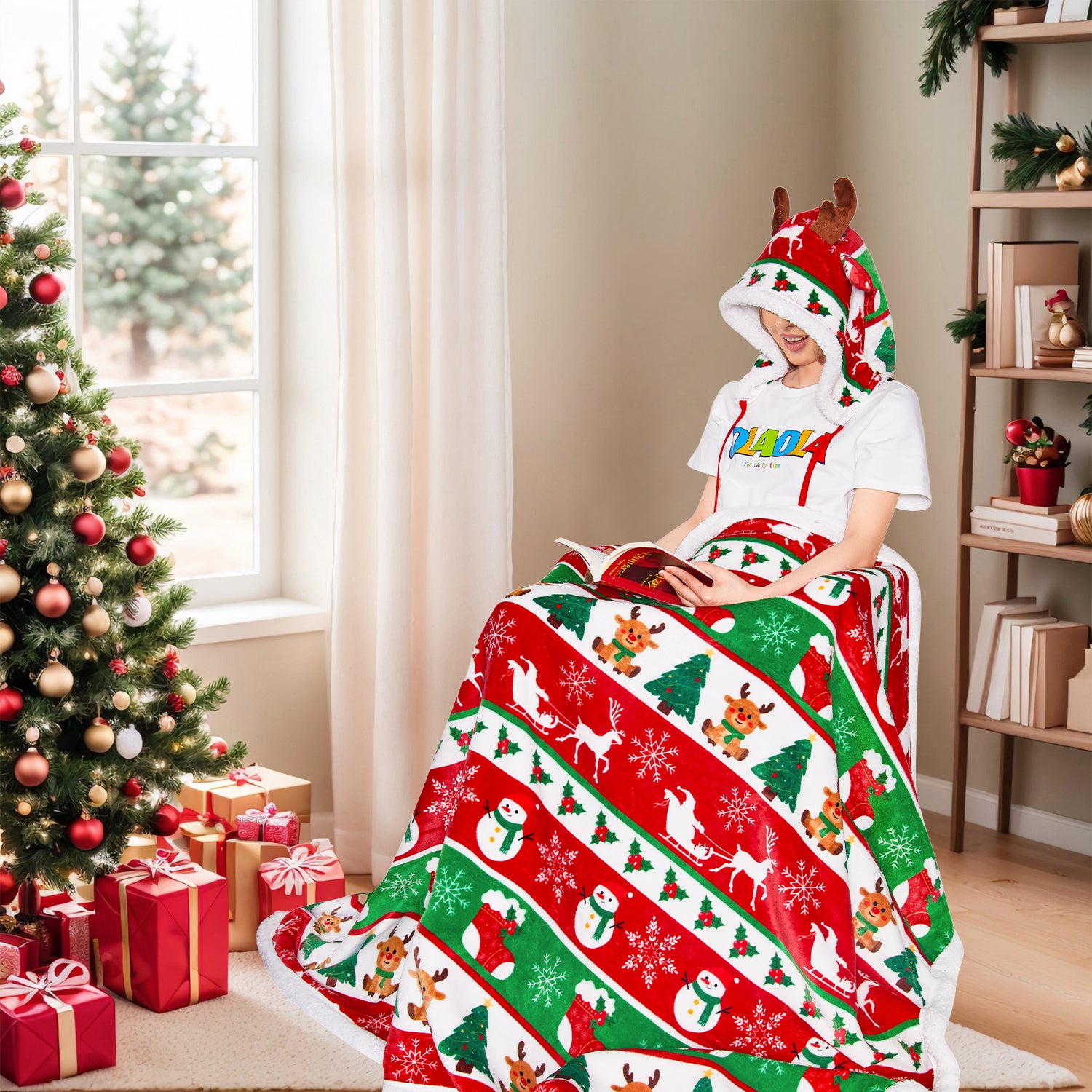 OLAOLA Elk Wearable Blanket Red Flannel Christmas Tree Snowmen Warm Fuzzy Soft Throw For Christmas Decor Gift