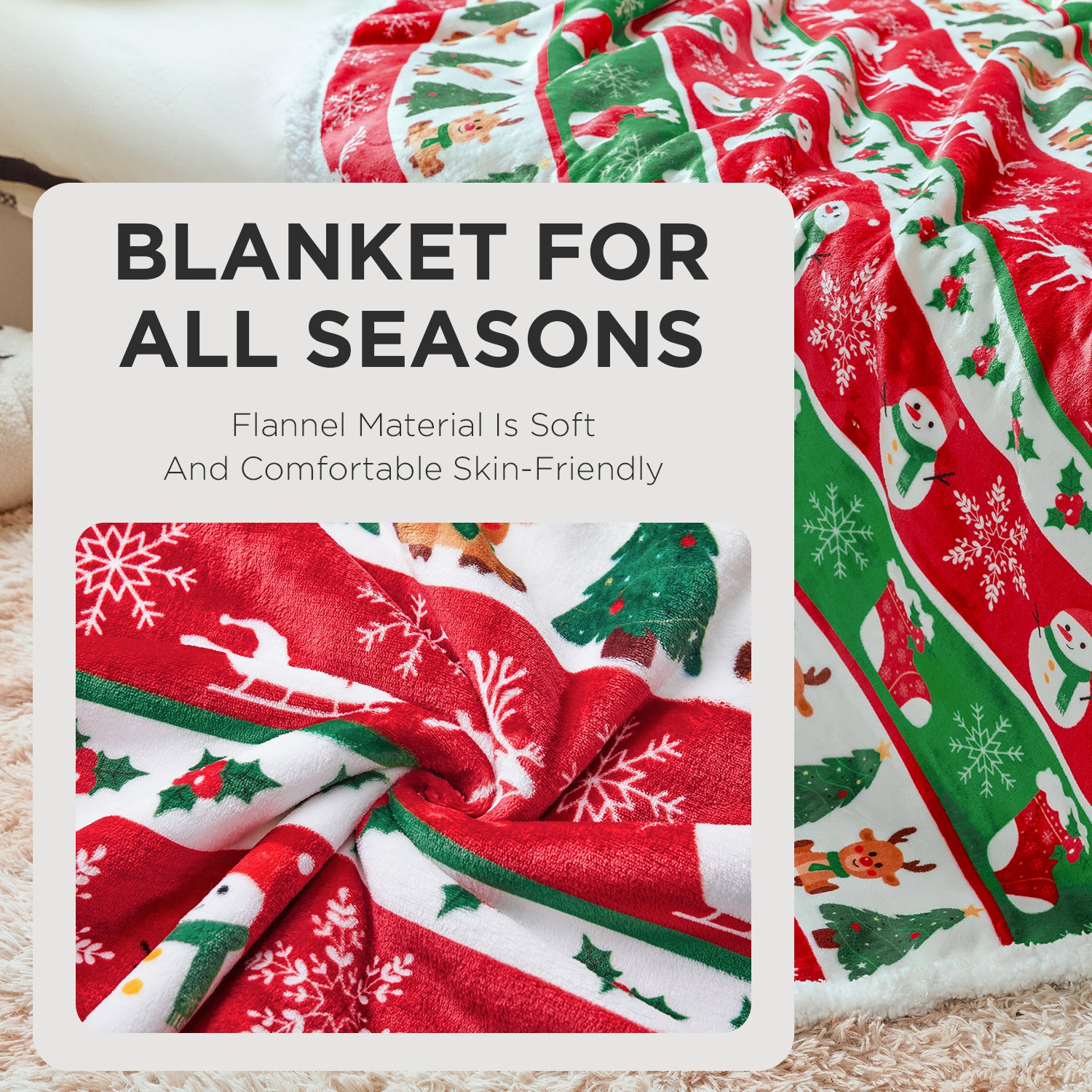 OLAOLA Elk Wearable Blanket Red Flannel Christmas Tree Snowmen Warm Fuzzy Soft Throw For Christmas Decor Gift