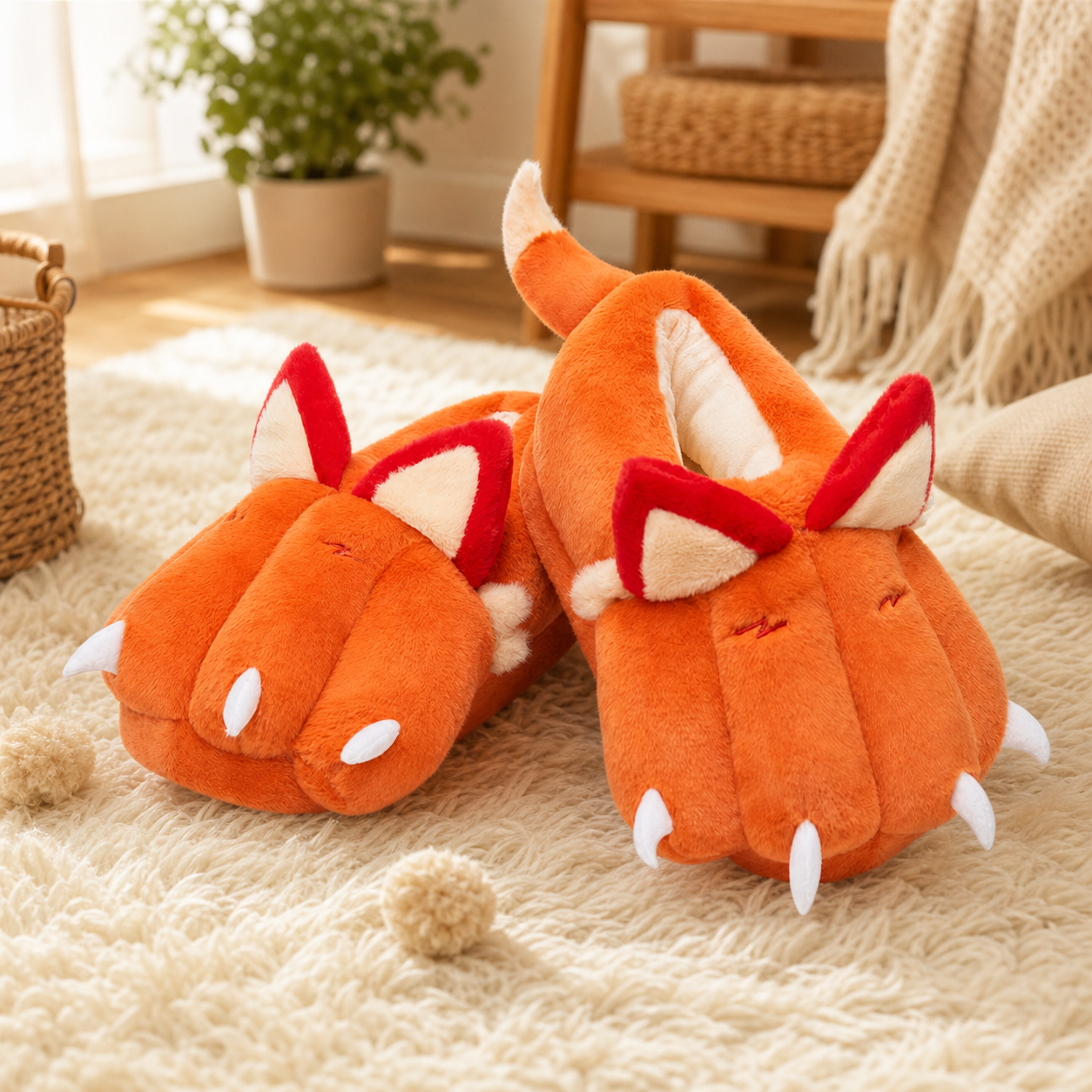 OLAOLA Fox Paw Slippers Warm Plush Animal Indoor Non-slip Home Fluffy Thick Bottom Shoes Gifts For Birthday Christmas
