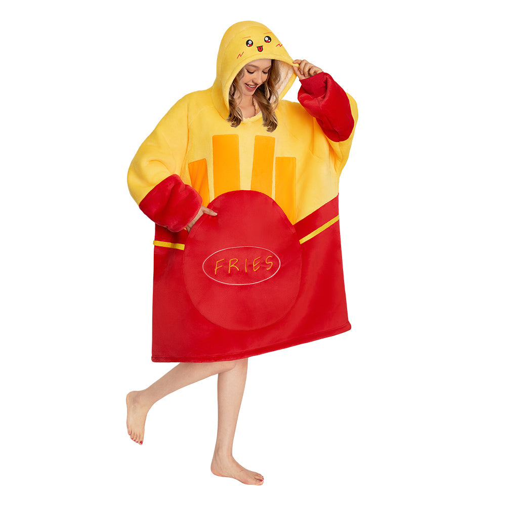 OLAOLA French Fries Wearable Blanket Hoodie Food Onesie Oversized Soft Homewear With Pocket For Adult Unisex Halloween Christmas Costume