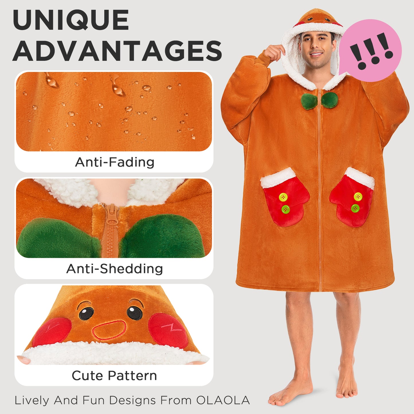 OLAOLA Gingerbread Man Christmas Wearable Blanket Hoodie With Zipper Oversized Fleece Sherpa Fluffy Hooded Blanket