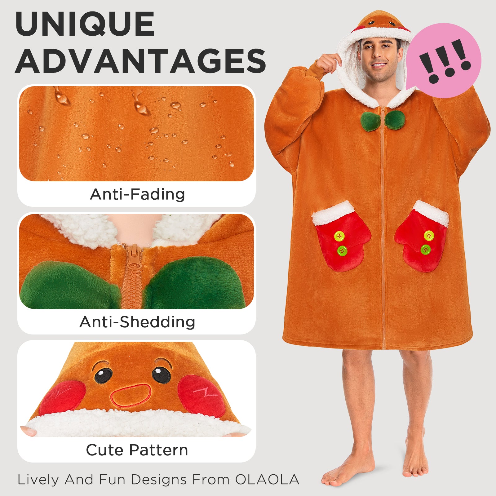 OLAOLA Gingerbread Man Christmas Wearable Blanket Hoodie With Zipper Oversized Fleece Sherpa Fluffy Hooded Blanket